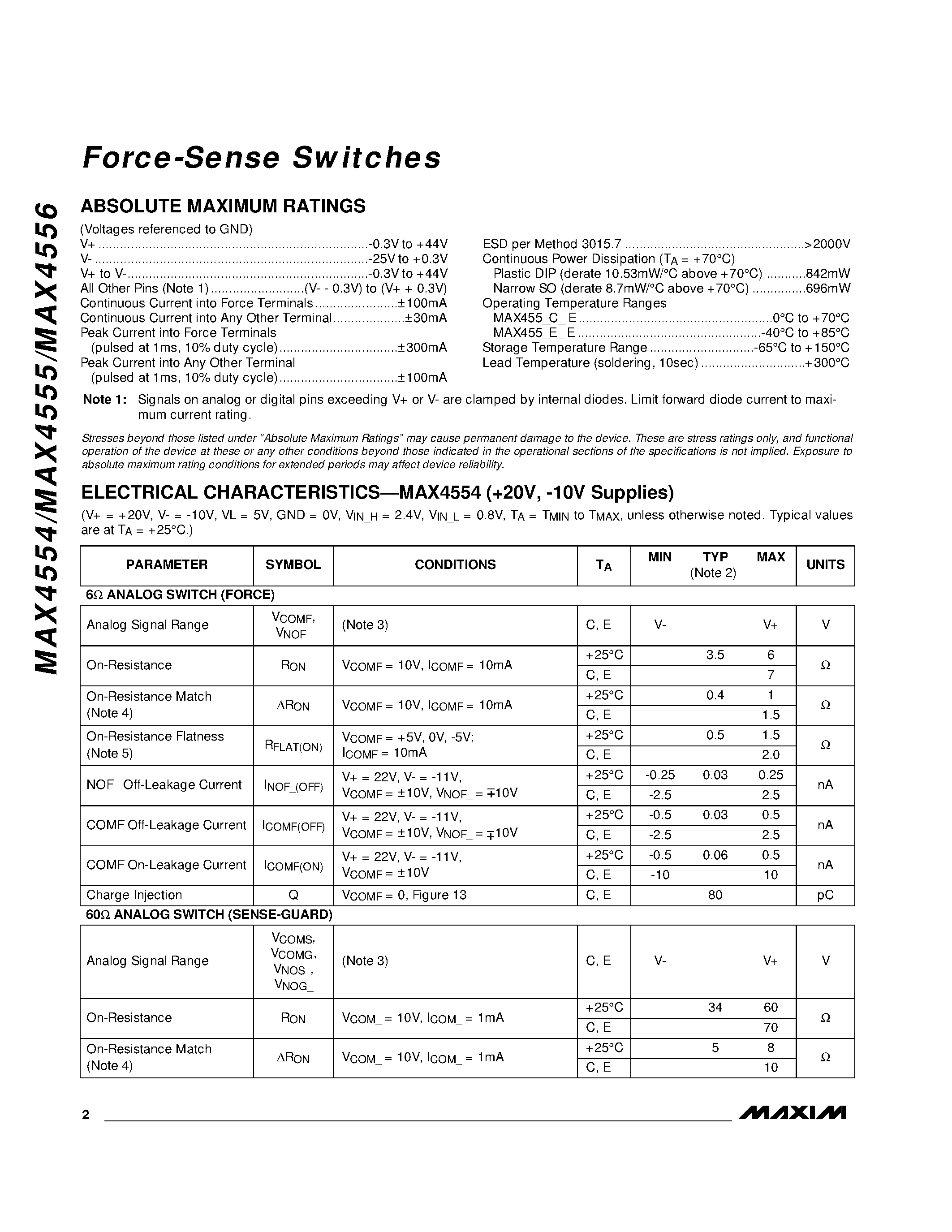 Datasheet MAX4555C/D - Force-Sense Switches page 2