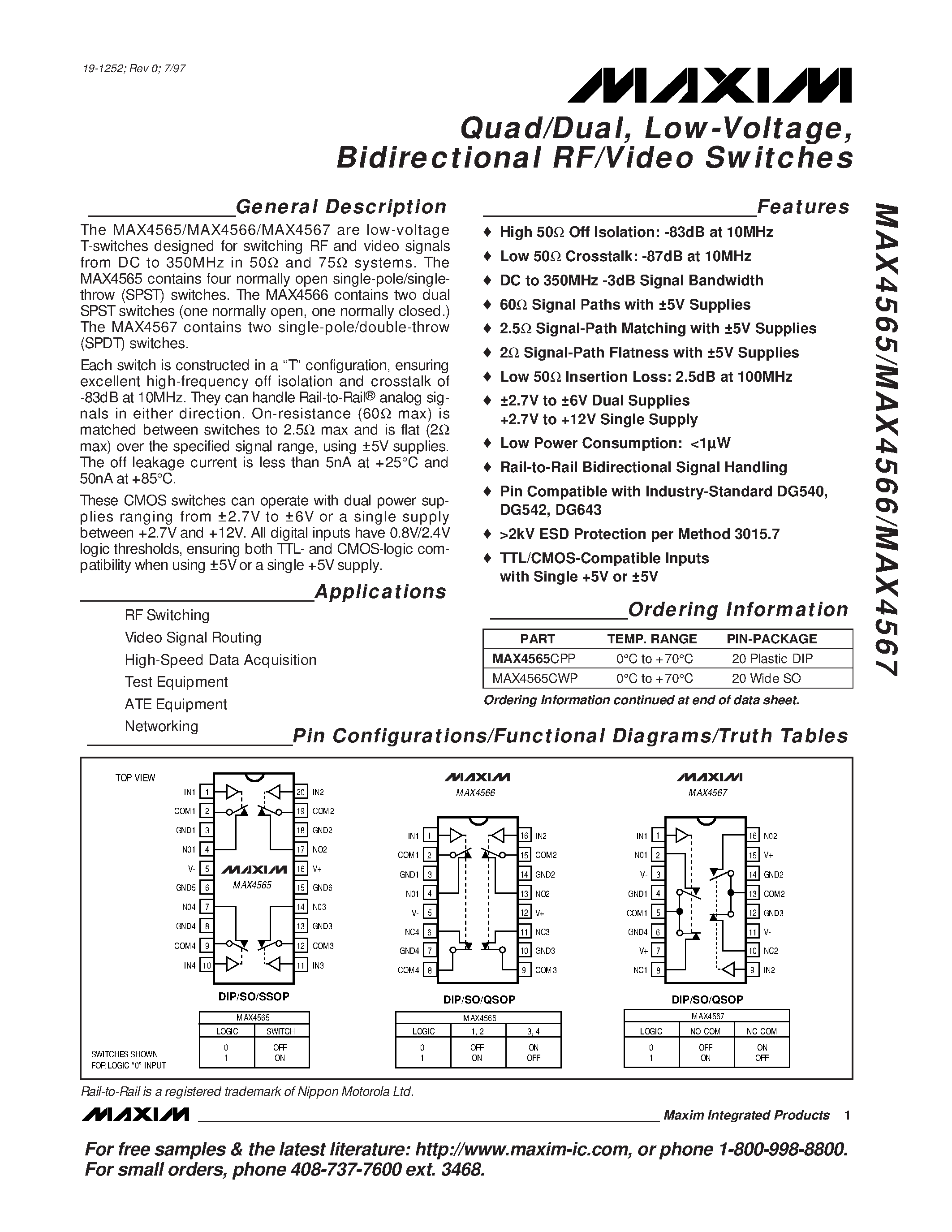 Datasheet MAX4565C/D - Quad/Dual / Low-Voltage / Bidirectional RF/Video Switches page 1