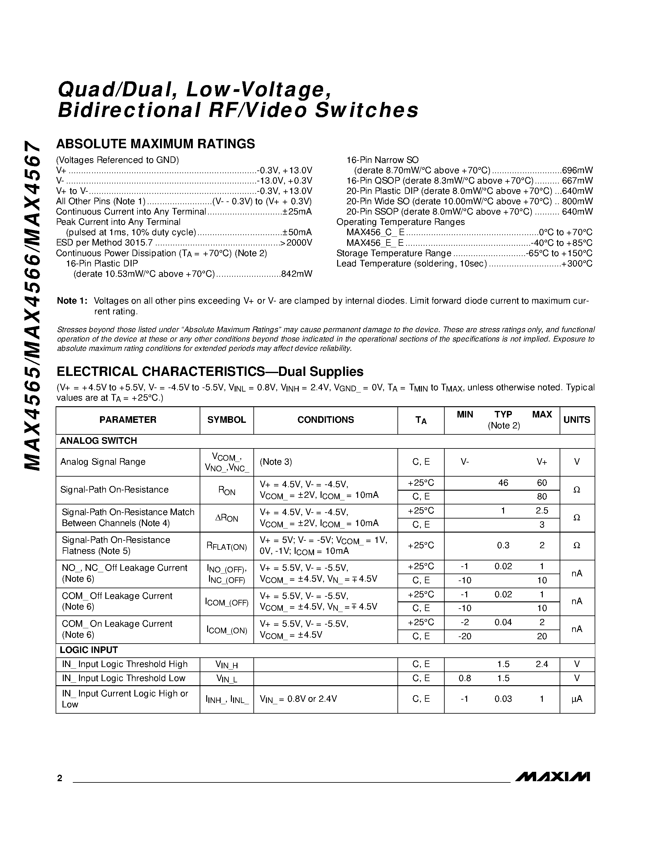 Datasheet MAX4565C/D - Quad/Dual / Low-Voltage / Bidirectional RF/Video Switches page 2