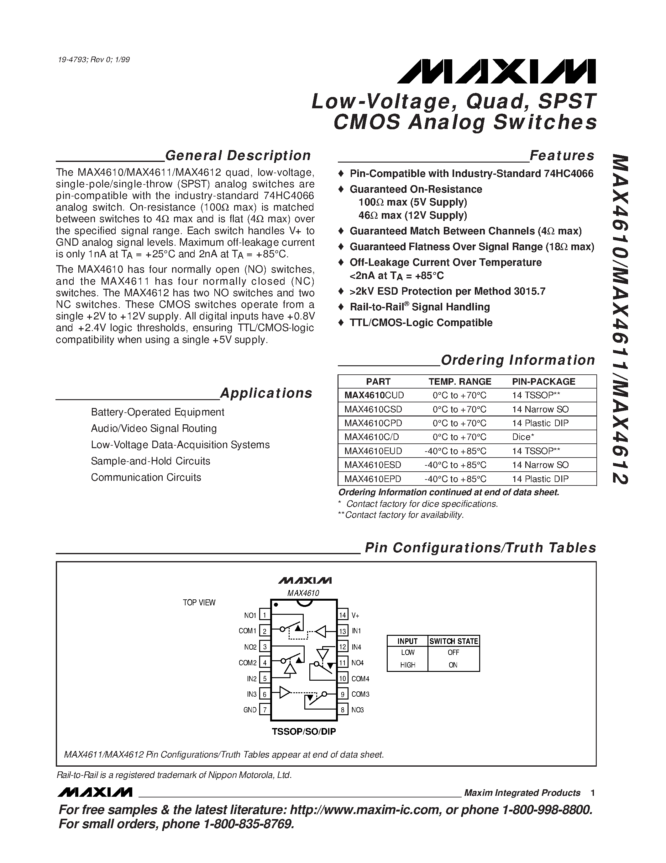 Datasheet MAX4611C/D - Low-Voltage / Quad / SPST CMOS Analog Switches page 1