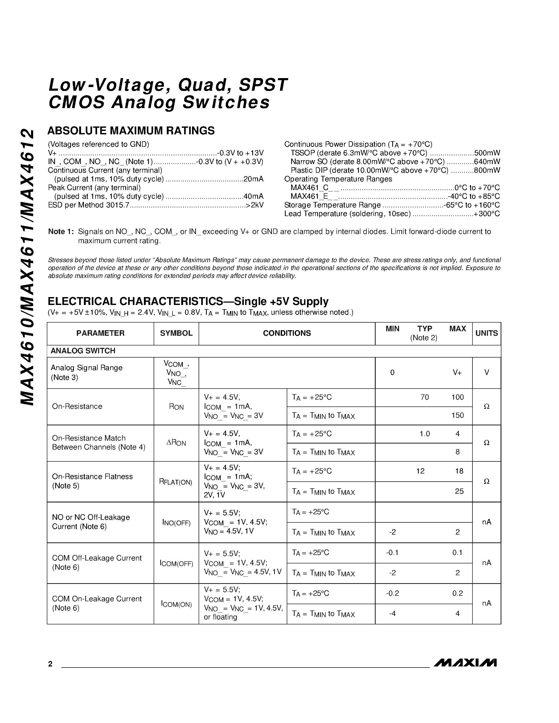 Datasheet MAX4611C/D - Low-Voltage / Quad / SPST CMOS Analog Switches page 2