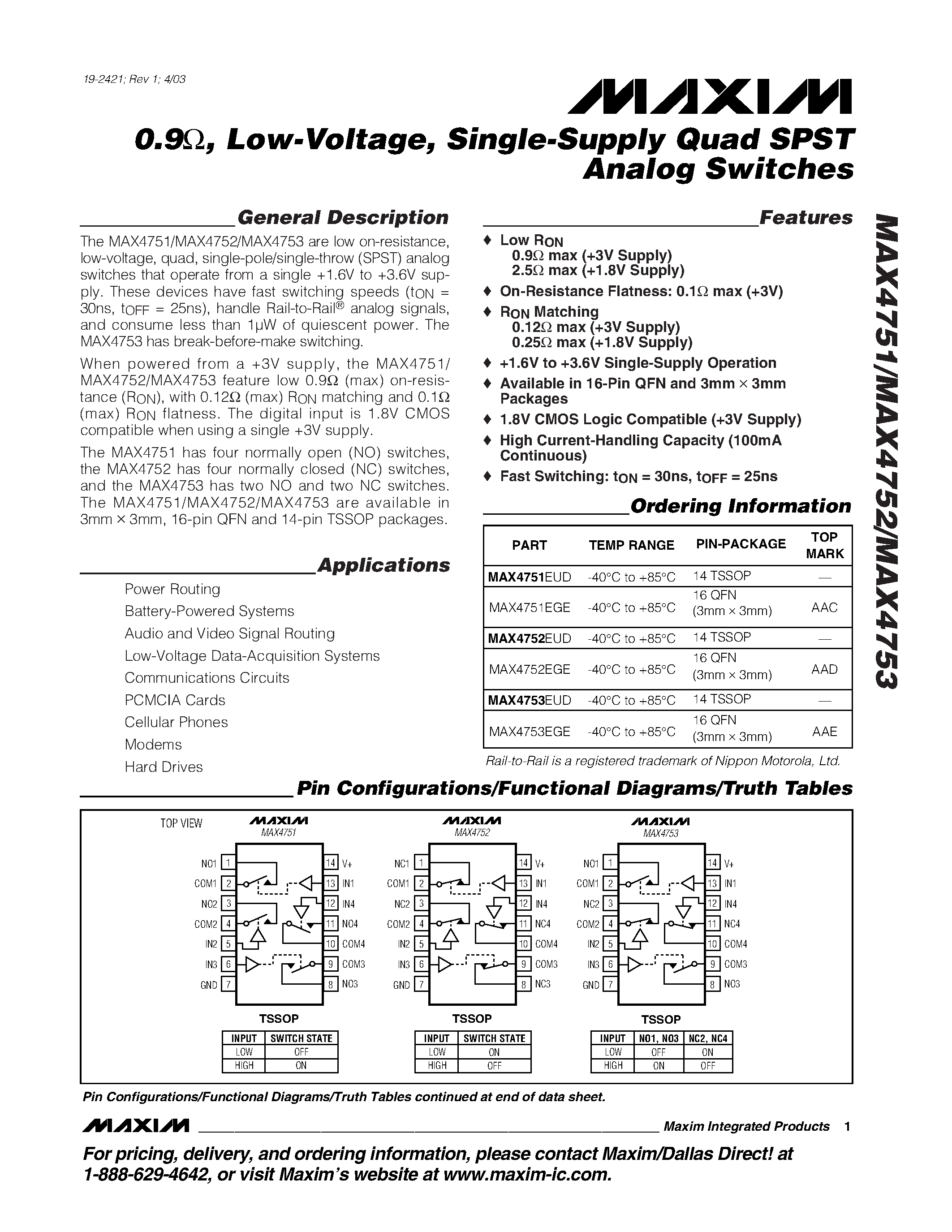 Даташит MAX4751 - 0.9 / Low-Voltage / Single-Supply Quad SPST Analog Switches страница 1