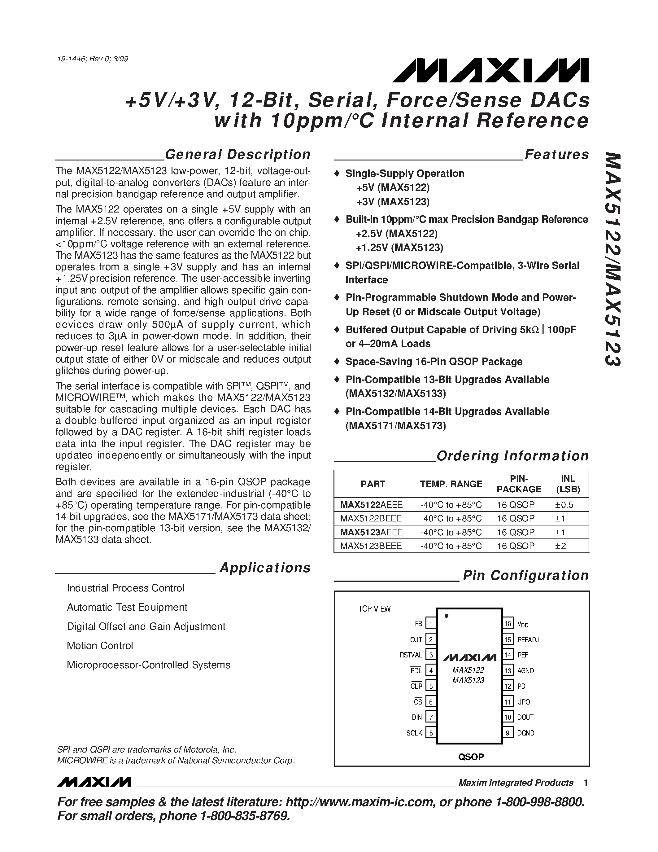 Даташит MAX5122 - +5V/+3V / 12-Bit / Serial / Force/Sense DACs with 10ppm/C Internal Reference страница 1