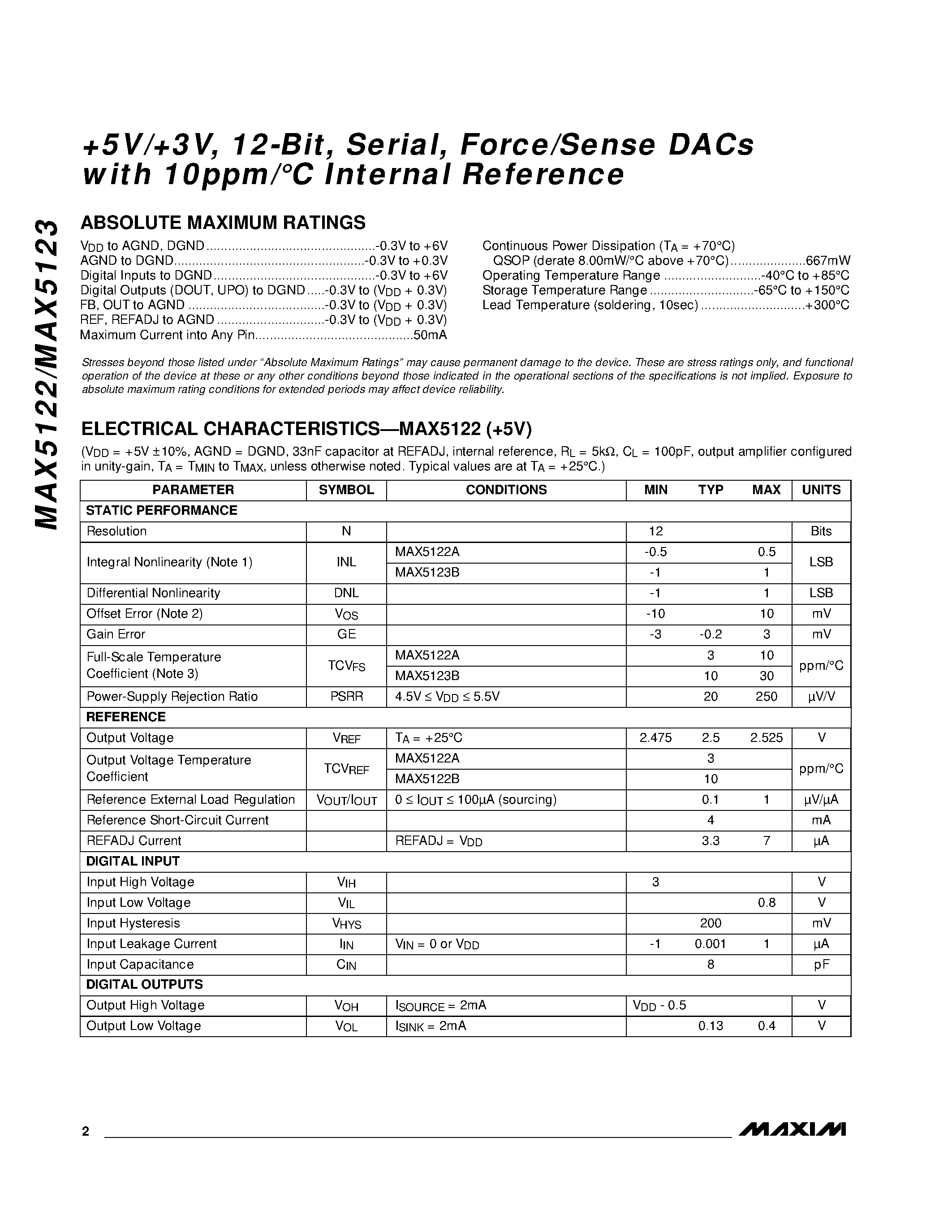 Даташит MAX5122 - +5V/+3V / 12-Bit / Serial / Force/Sense DACs with 10ppm/C Internal Reference страница 2