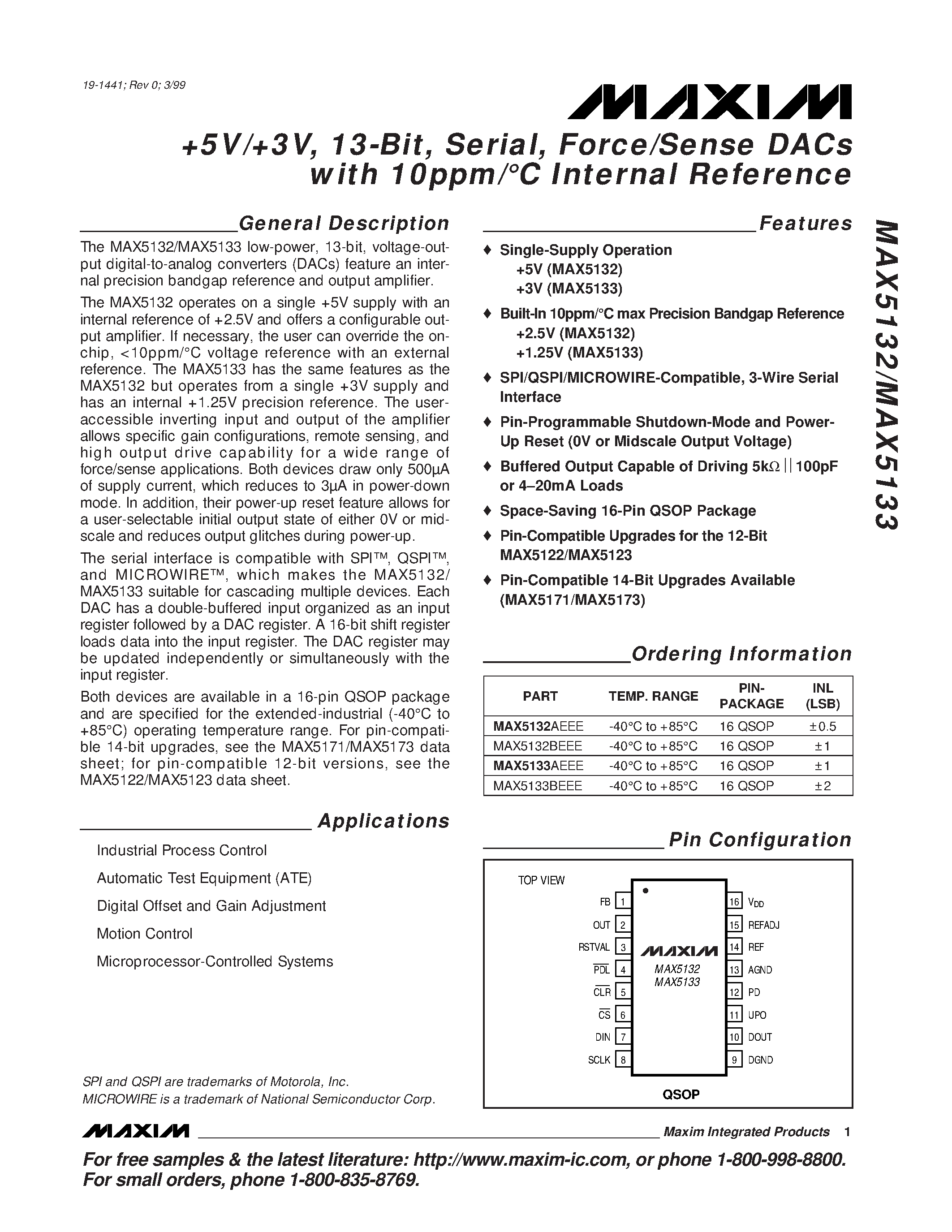 Даташит MAX5132 - +5V/+3V / 13-Bit / Serial / Force/Sense DACs with 10ppm/C Internal Reference страница 1