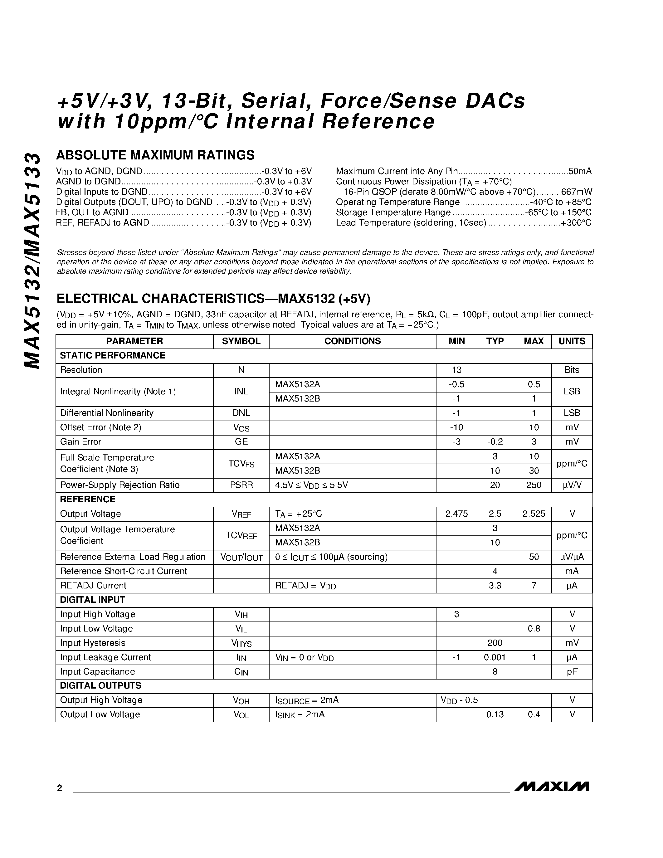 Даташит MAX5132 - +5V/+3V / 13-Bit / Serial / Force/Sense DACs with 10ppm/C Internal Reference страница 2