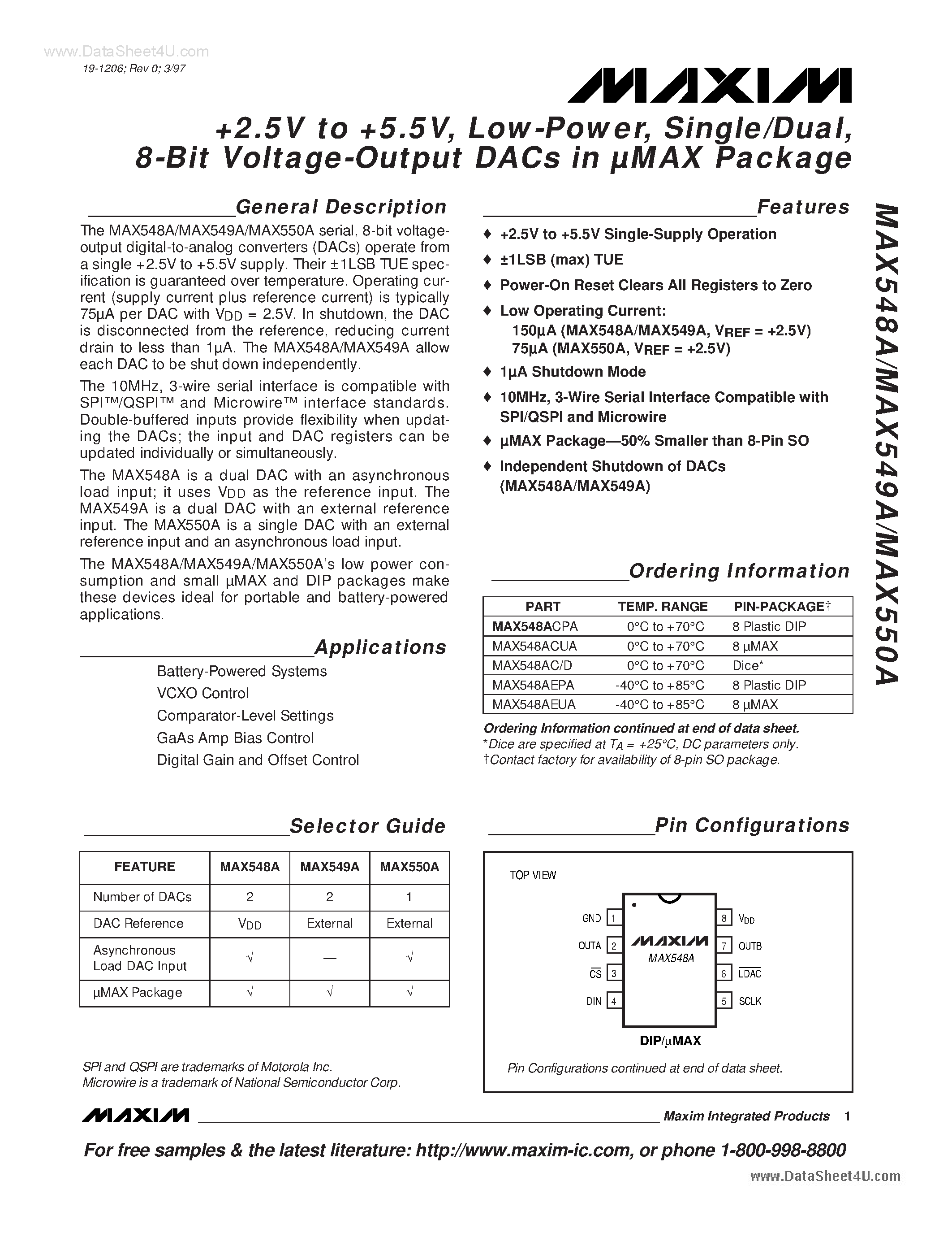 Datasheet MAX549AC/D - +2.5V to +5.5V / Low-Power / Single/Dual / 8-Bit Voltage-Output DACs in MAX Package page 1