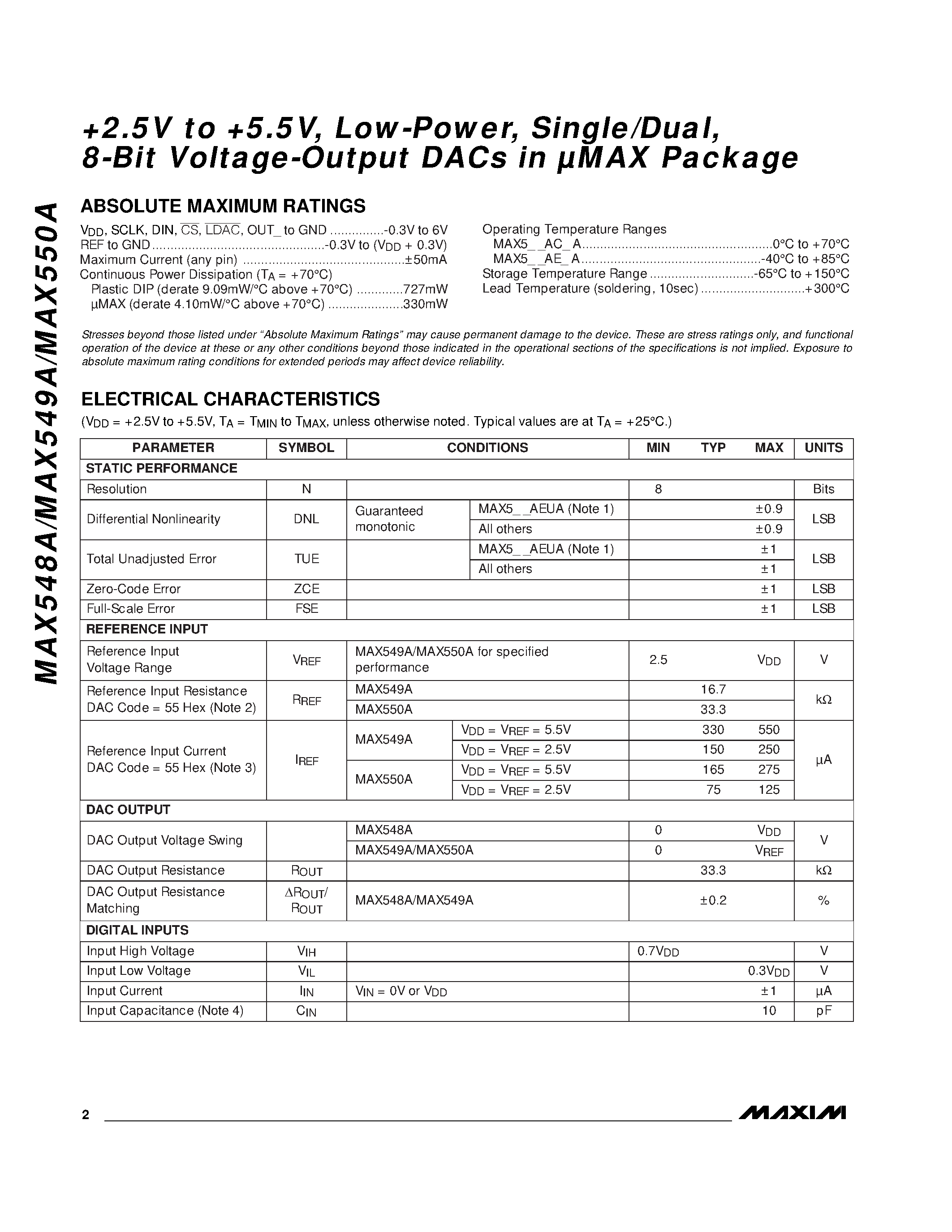 Datasheet MAX549AC/D - +2.5V to +5.5V / Low-Power / Single/Dual / 8-Bit Voltage-Output DACs in MAX Package page 2