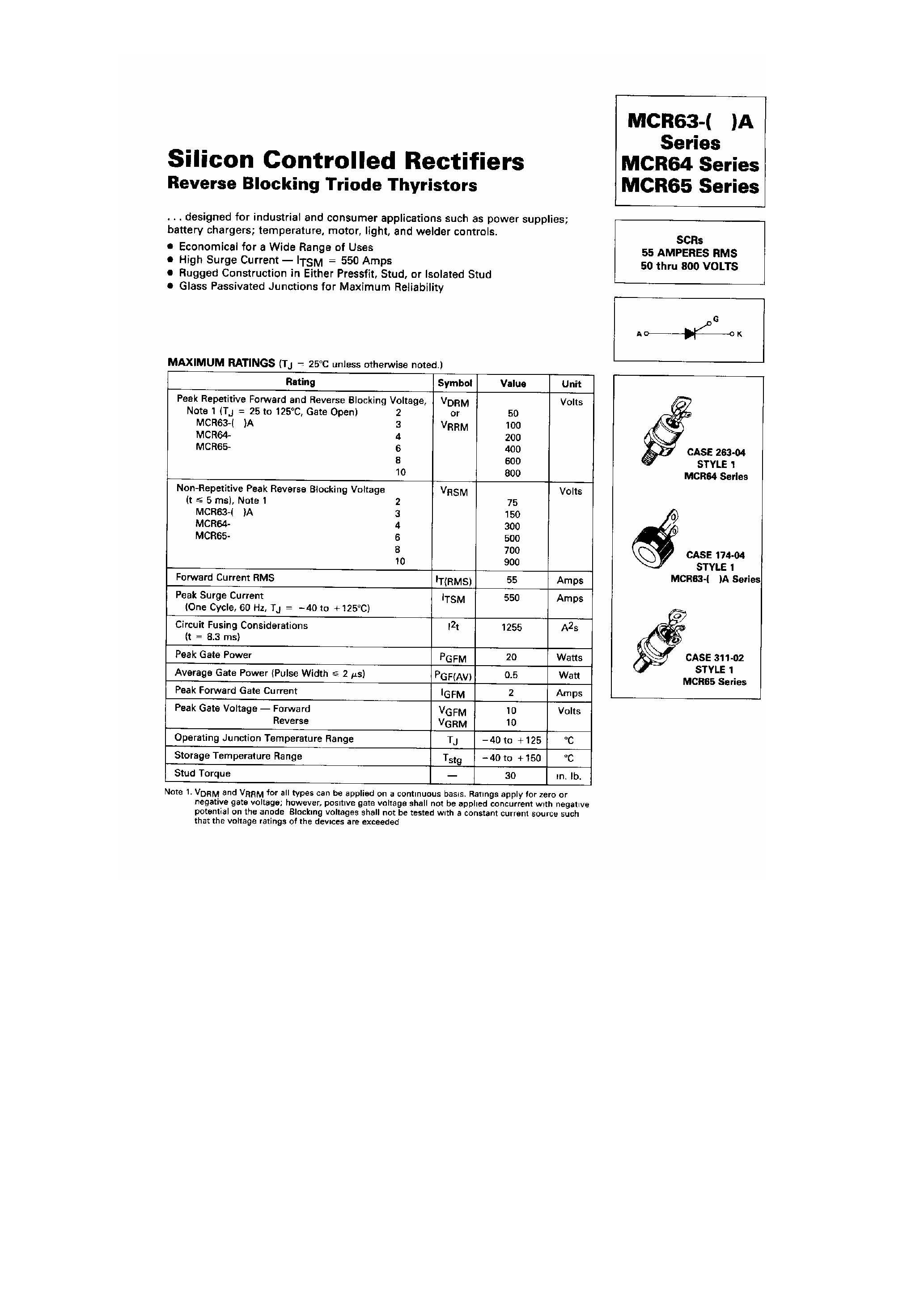 Datasheet MCR65-8 - Silicon Controlled Rectifiers page 1