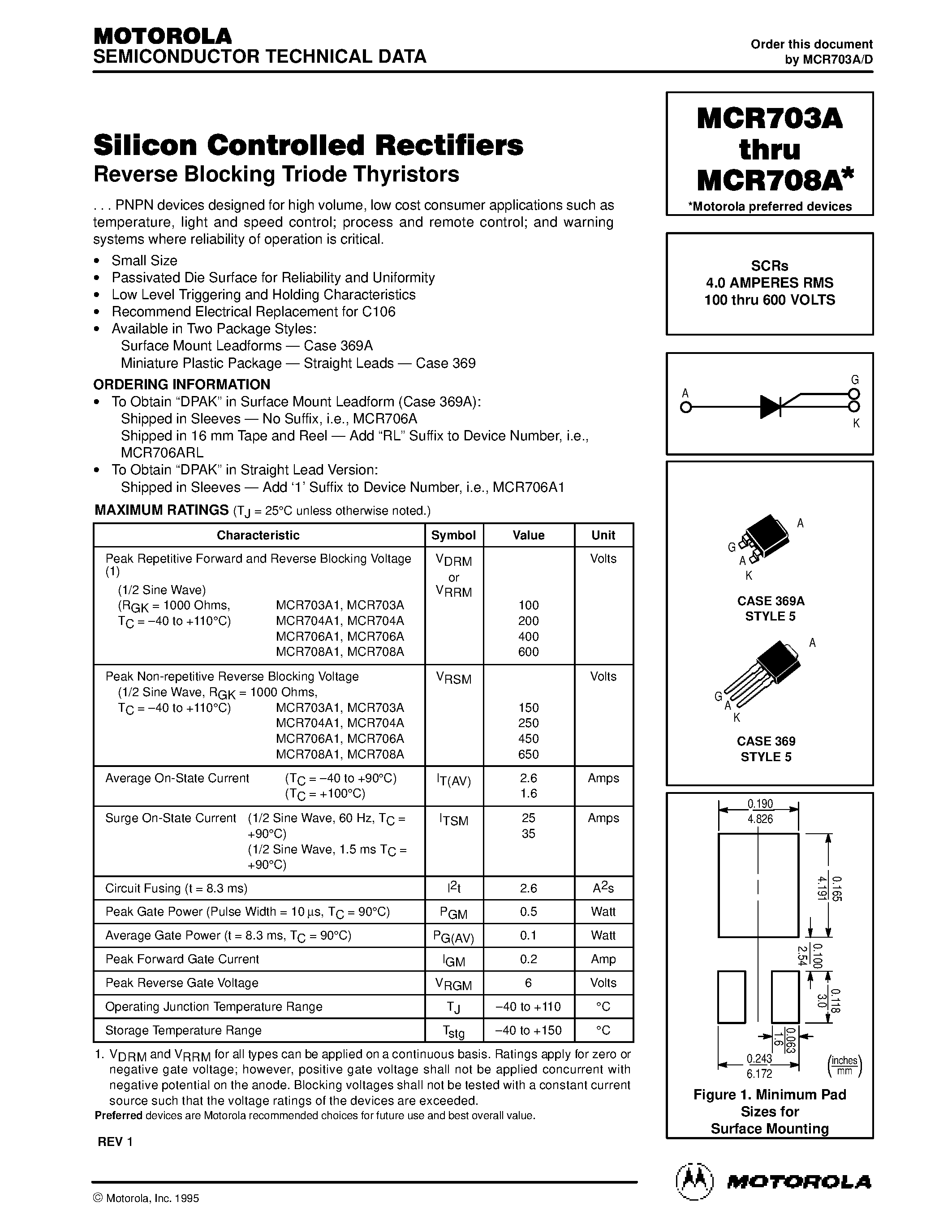 Datasheet MCR707A - Silicon Controlled Rectifiers page 1