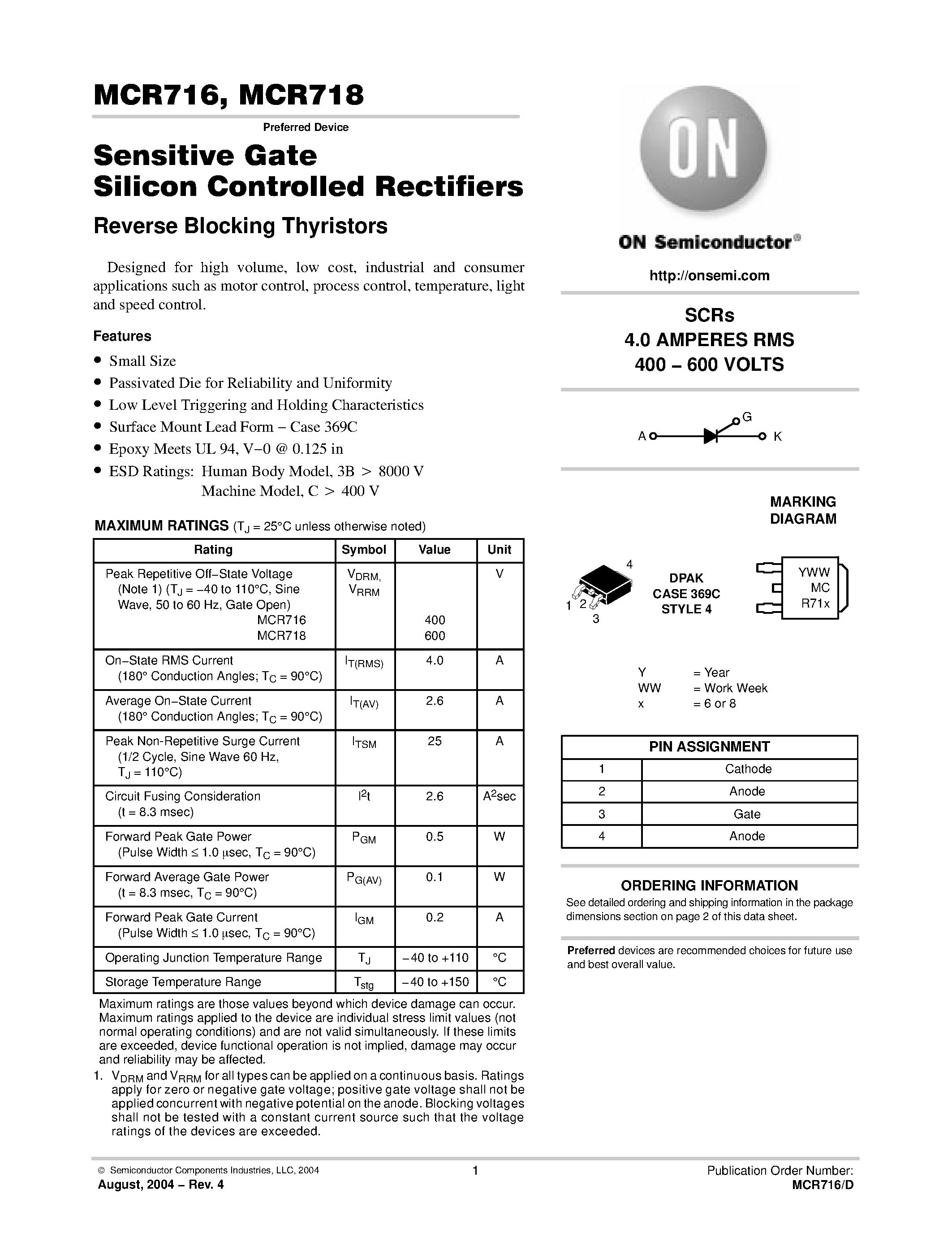 Datasheet MCR716 - Sensitive Gate Silicon Controlled Rectifiers(SCRs 4.0 AMPERES RMS 400 &#8722; 600 VOLTS) page 1