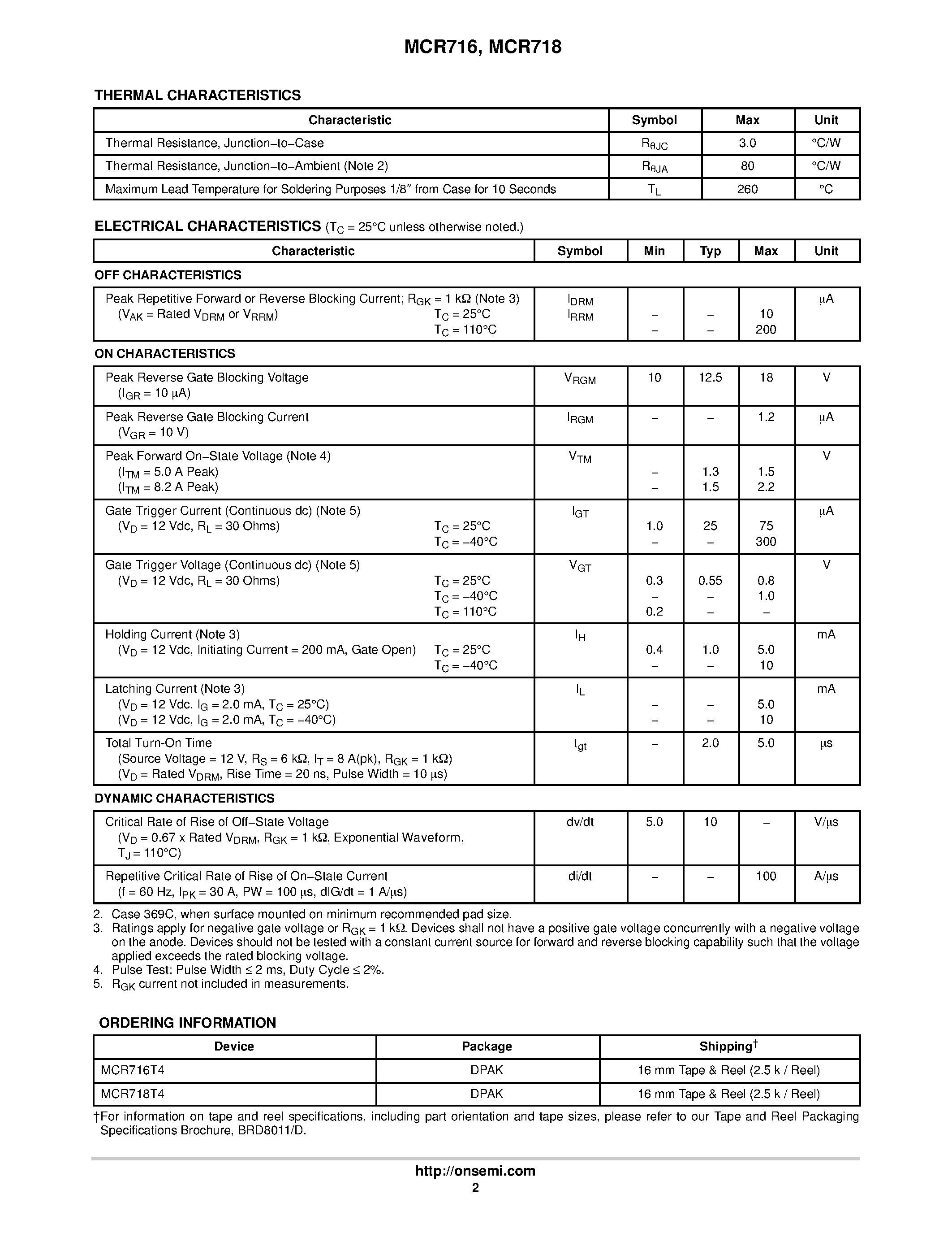 Datasheet MCR716 - Sensitive Gate Silicon Controlled Rectifiers(SCRs 4.0 AMPERES RMS 400 &#8722; 600 VOLTS) page 2