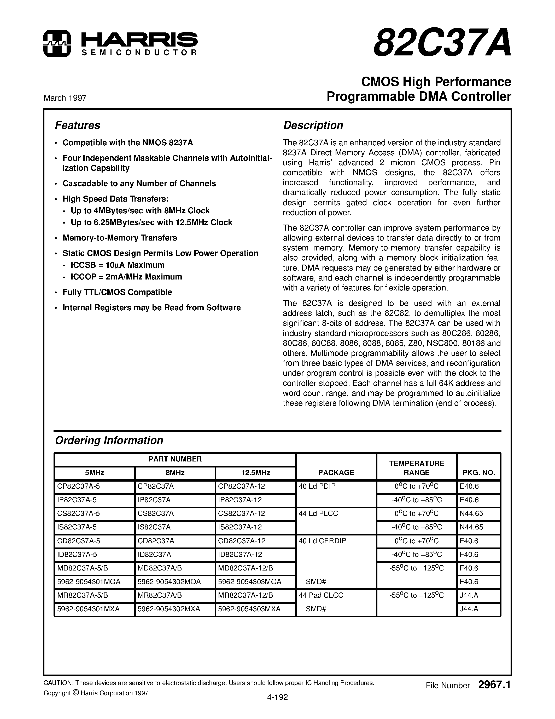 Datasheet MD82C37A-12/B - CMOS High Performance Programmable DMA Controller page 1