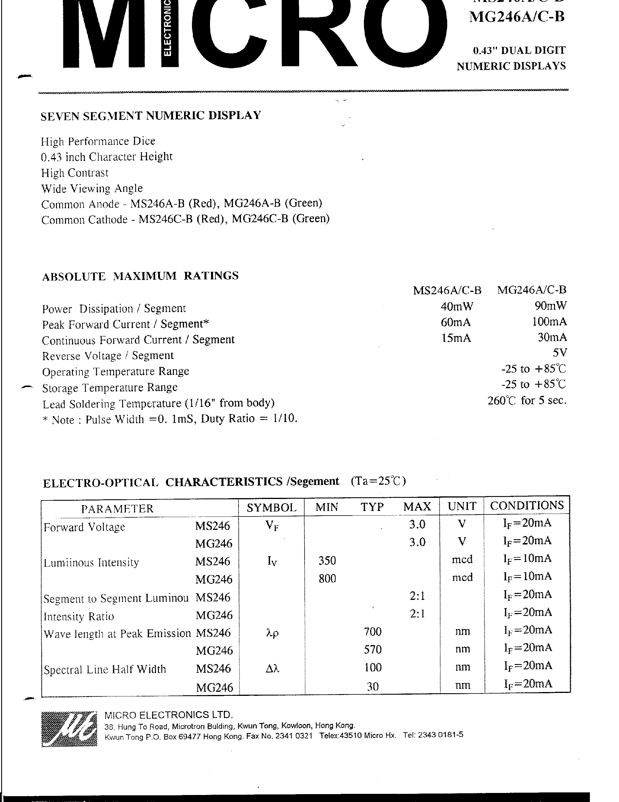 Datasheet MG246C-B - 0.43 DUAL DIGIT NUMERIC DISPLAYS page 1
