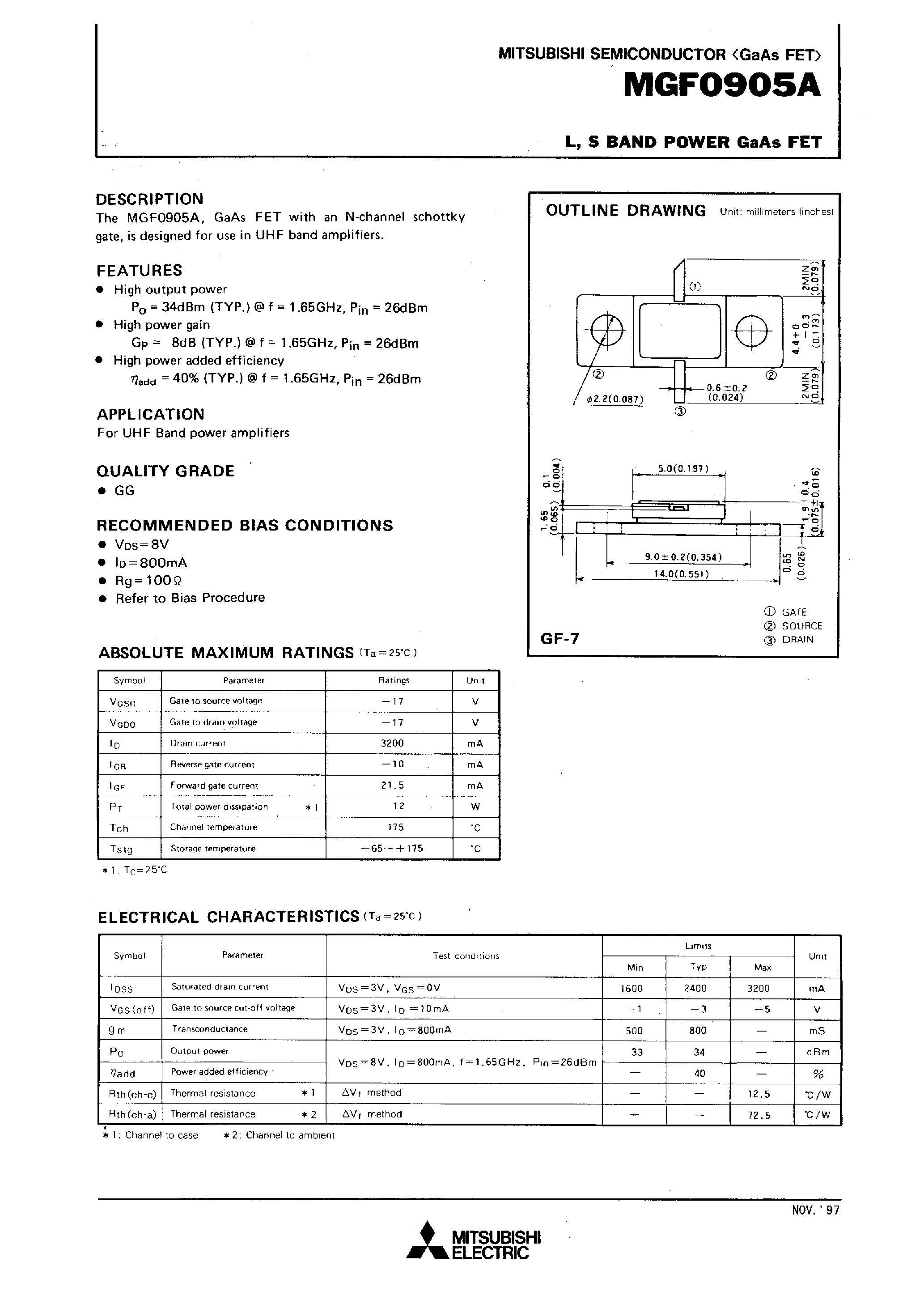 Datasheet MGF0905A - L /S BAND POWER GaAs FET page 1