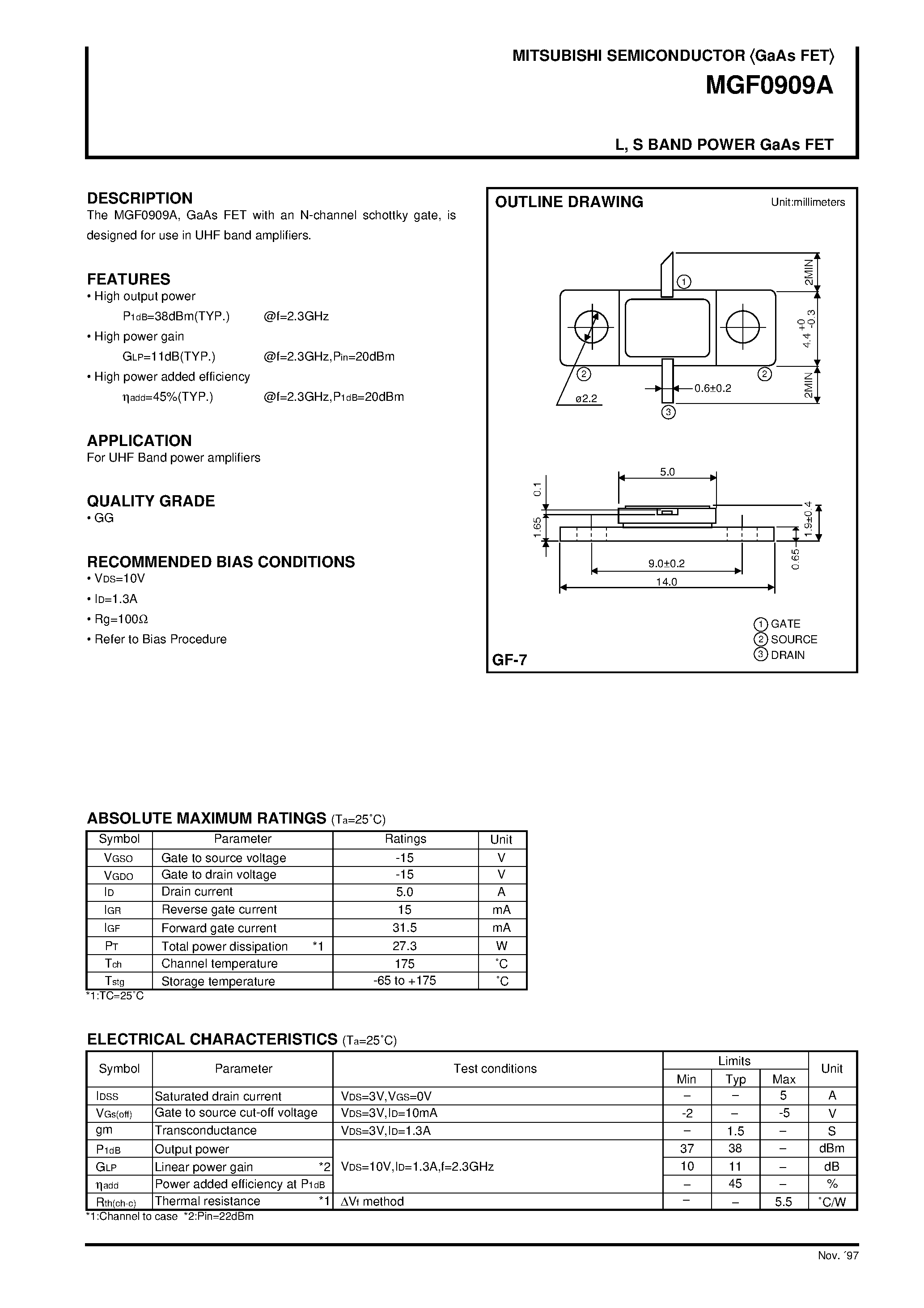 Datasheet MGF0909A - L /S BAND POWER GaAs FET page 1