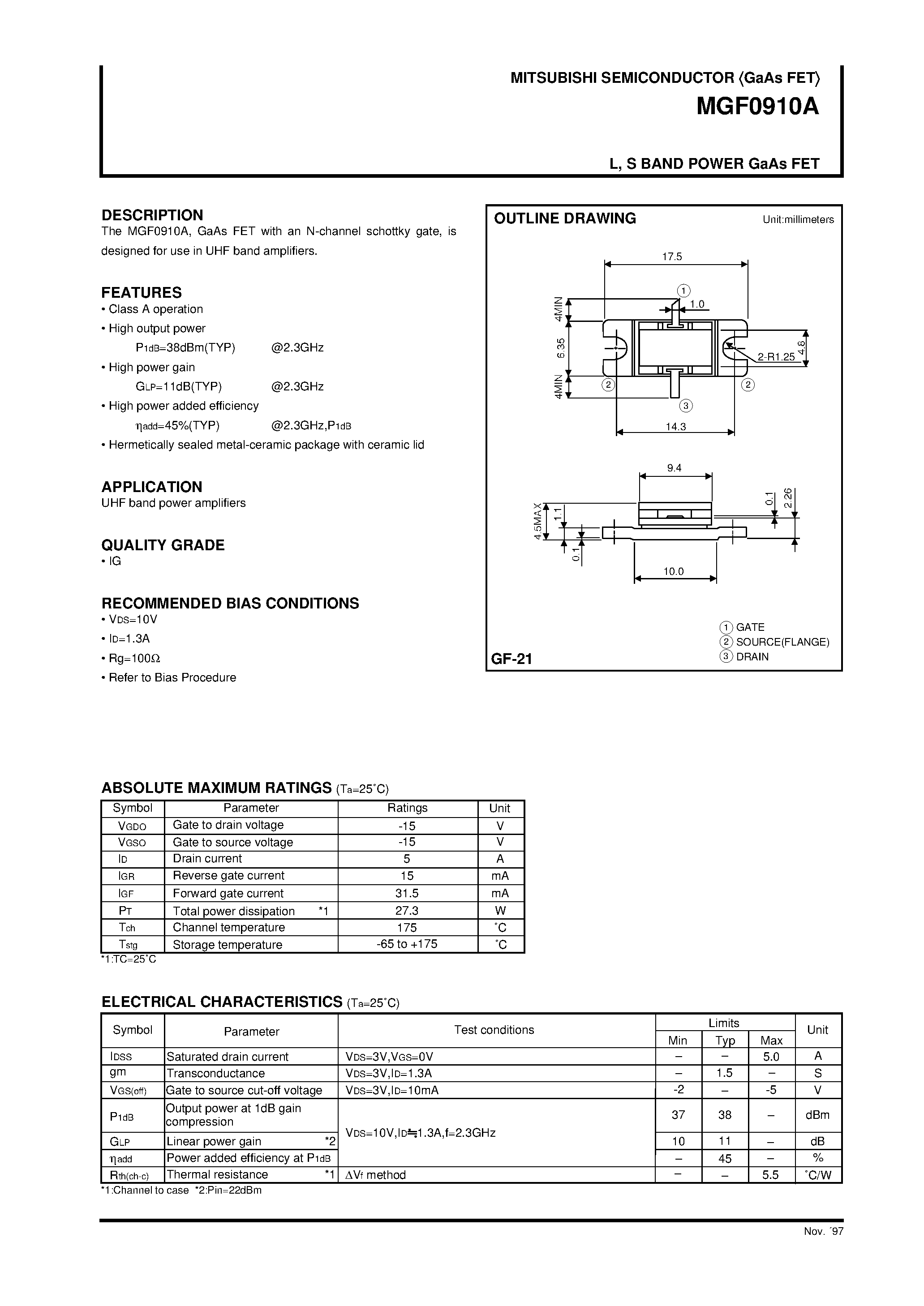 Datasheet MGF0910A - L / S BAND POWER GaAs FET page 1