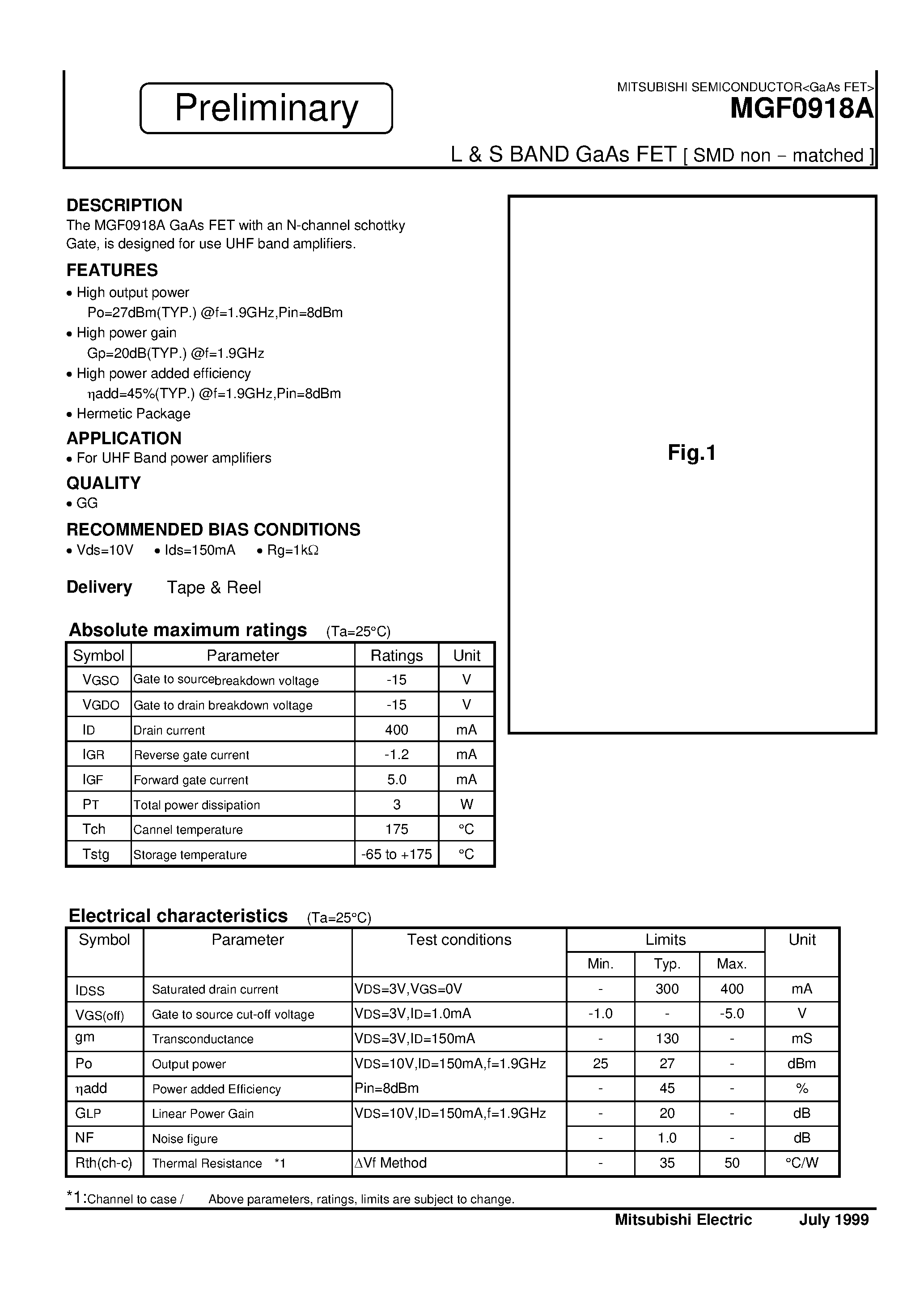 Datasheet MGF0918A - L & S BAND GaAs FET [ SMD non - matched ] page 1