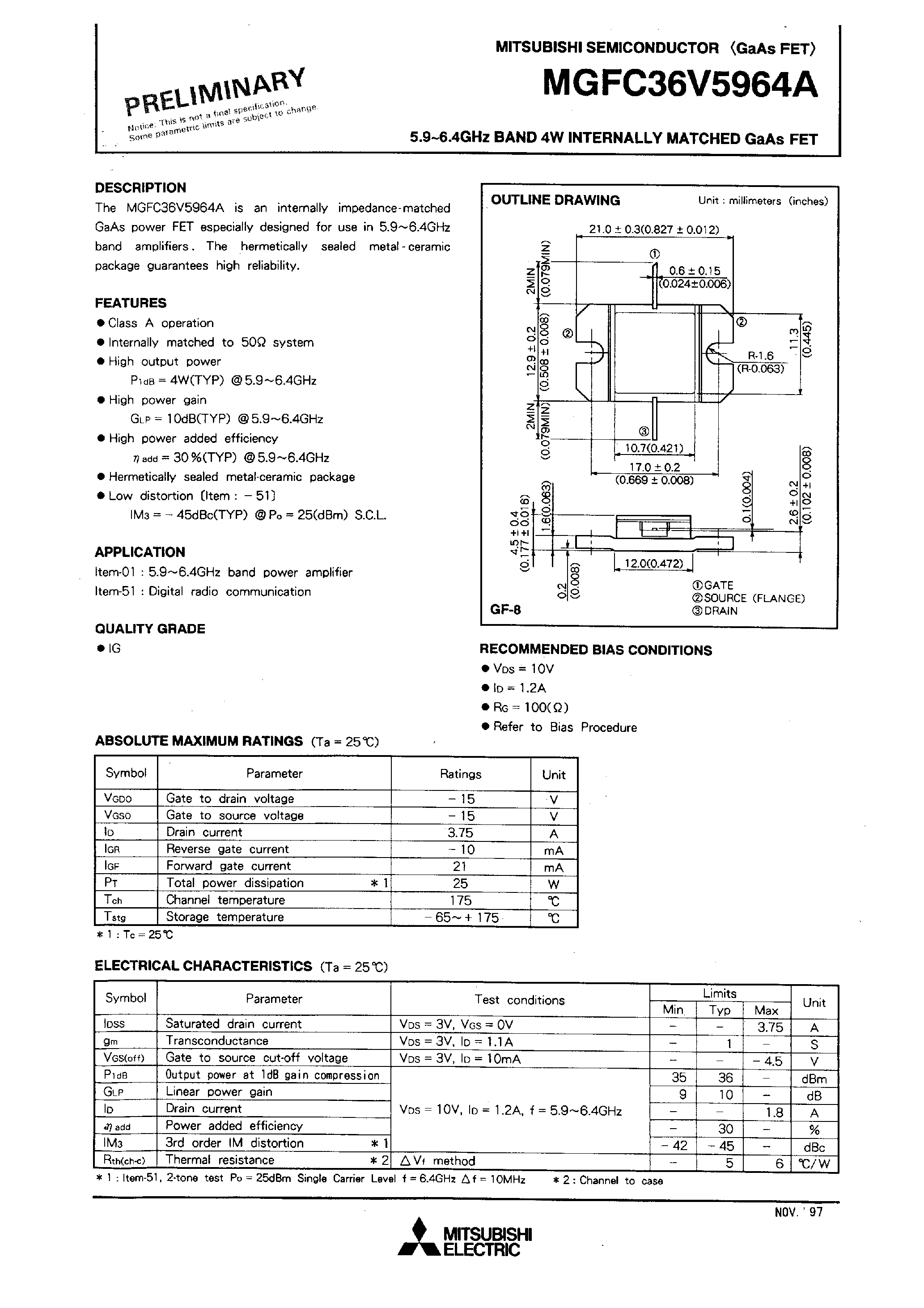 Даташит MGFC36V5964A - 5.9 - 6.4GHz BAND 4W INTERNALLY MATCHED GaAs FET страница 1