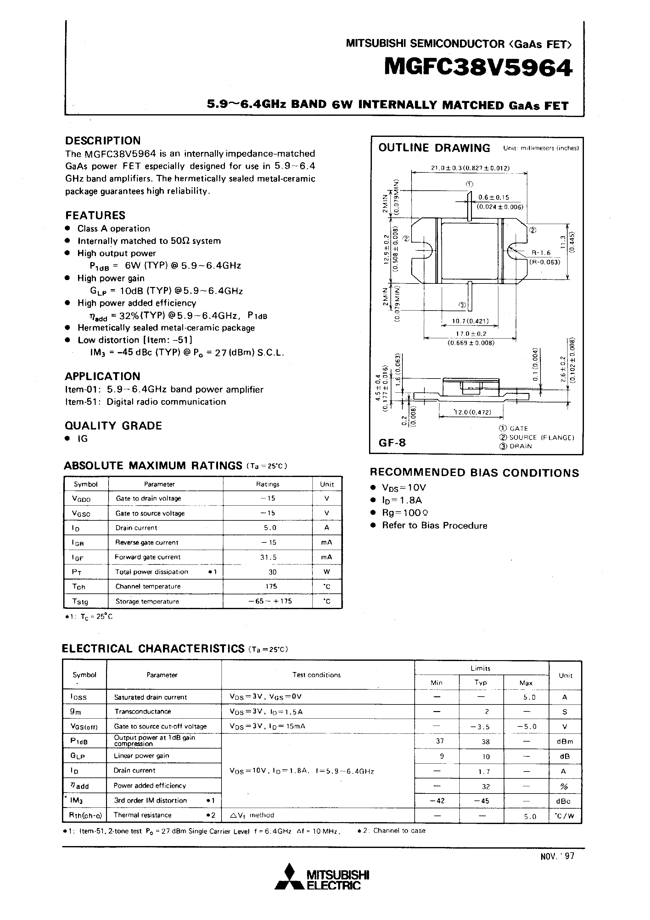 Даташит MGFC38V5964 - 5.9 - 6.4GHz BAND 6W INTERNALLY MATCHED GaAs FET страница 1