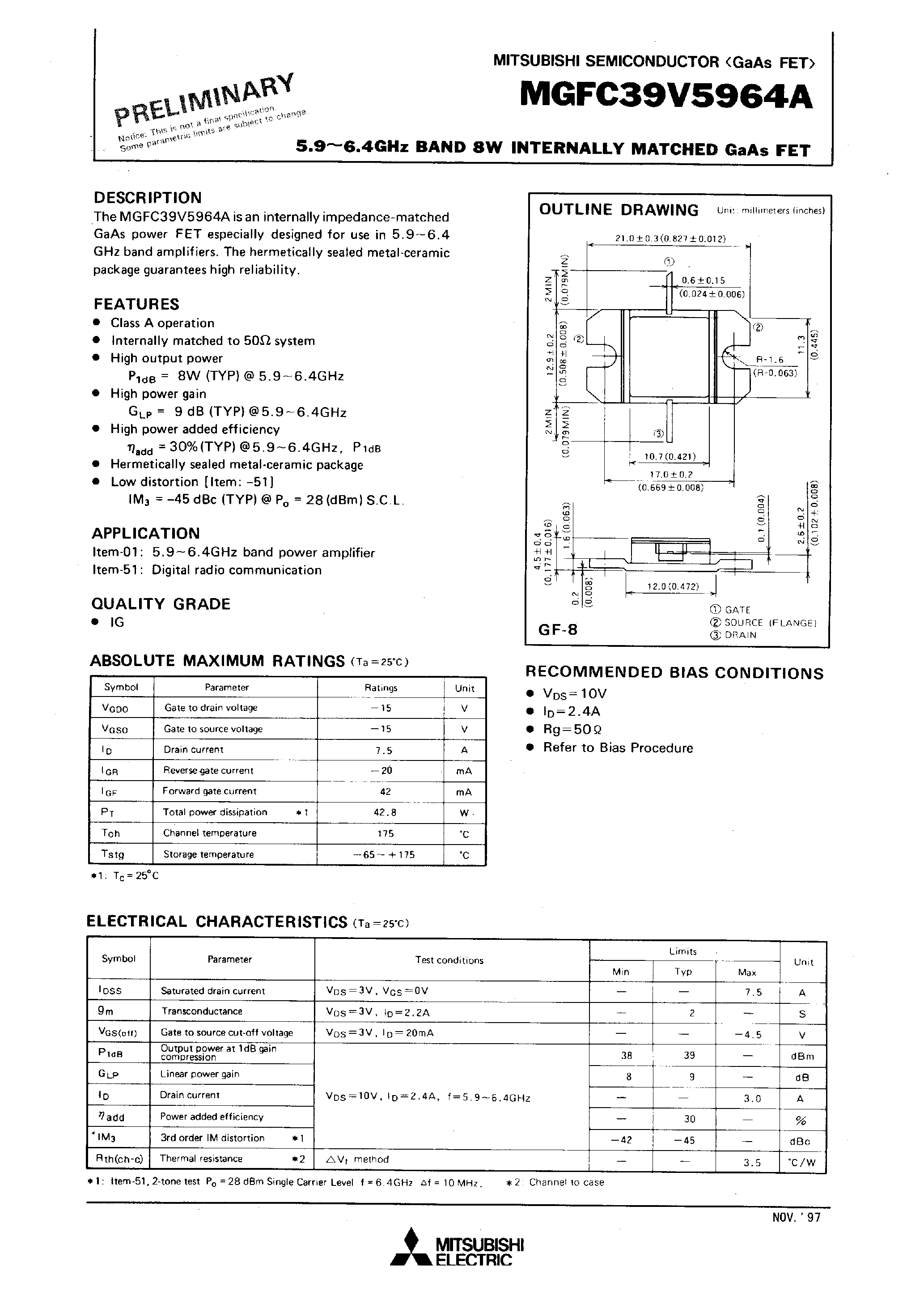 Даташит MGFC39V5964A - 5.9 - 6.4GHz BAND 8W INTERNALLY MATCHED GaAs FET страница 1