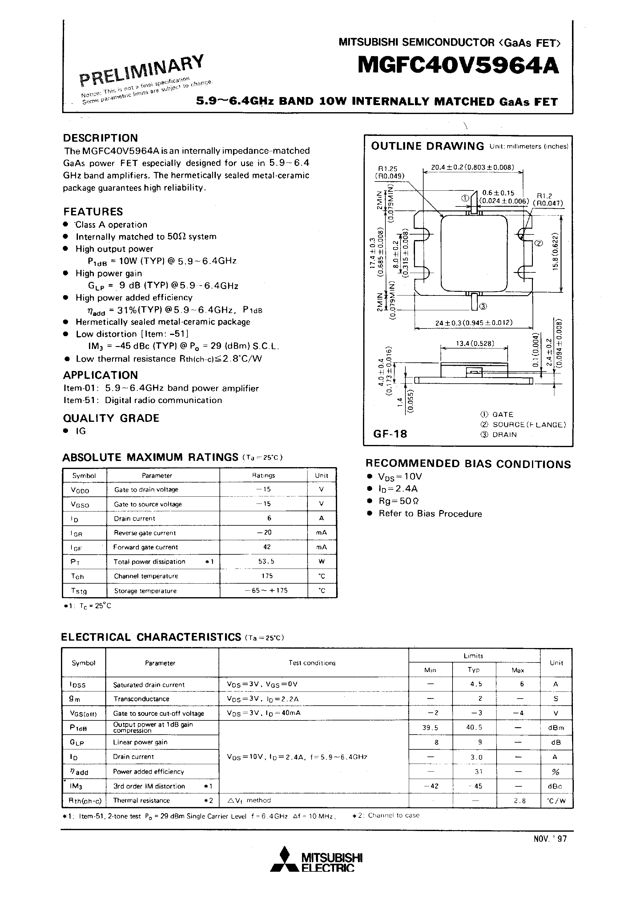 Даташит MGFC40V5964A - 5.9 - 6.4GHz BAND 10W INTERNALLY MATCHED GaAs FET страница 1