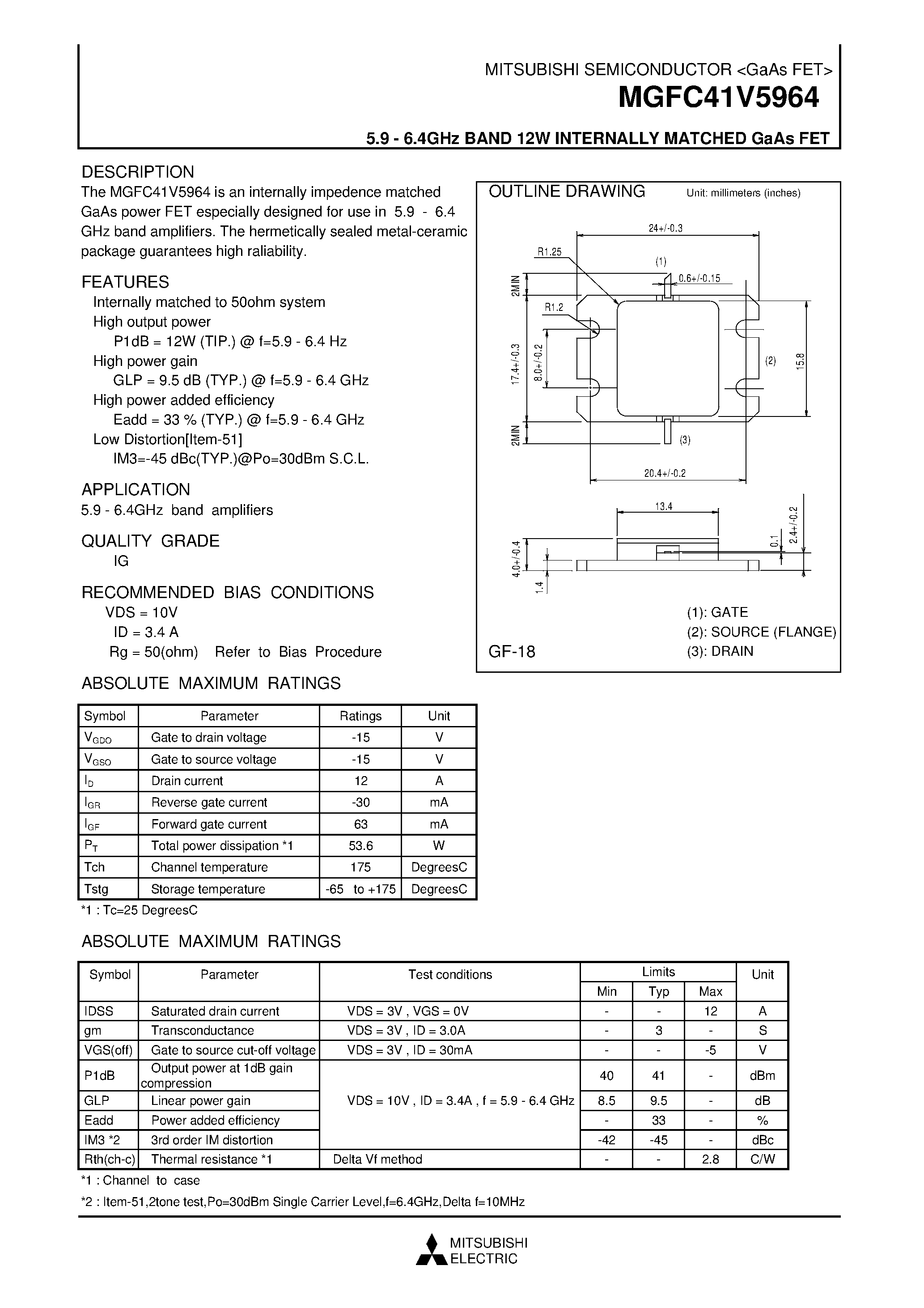 Даташит MGFC41V5964 - 5.9 - 6.4GHz BAND 12W INTERNALLY MATCHED GaAs FET страница 1