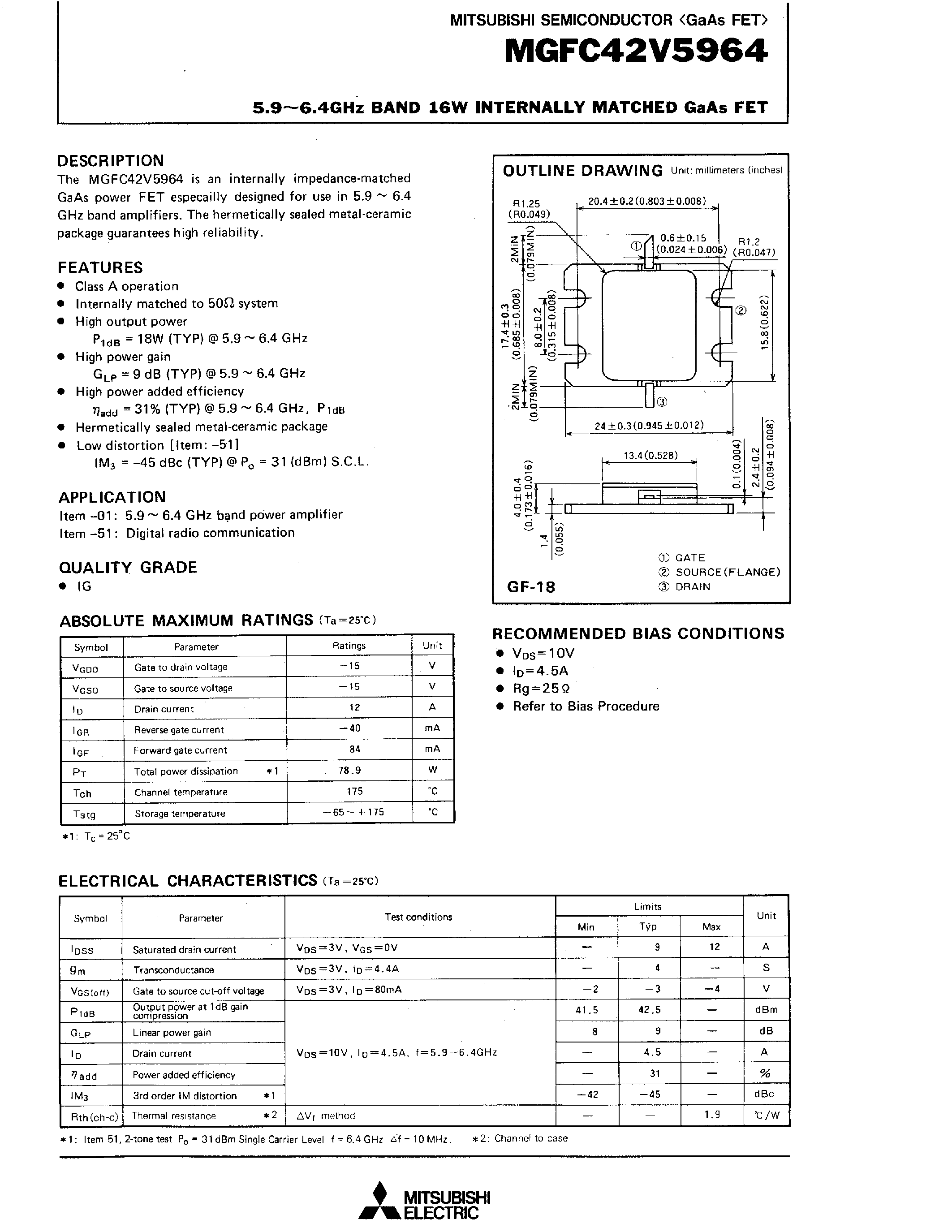 Даташит MGFC42V5964 - 5.9 - 6.4GHz BAND 16W INTERNALLY MATCHED GaAs FET страница 1