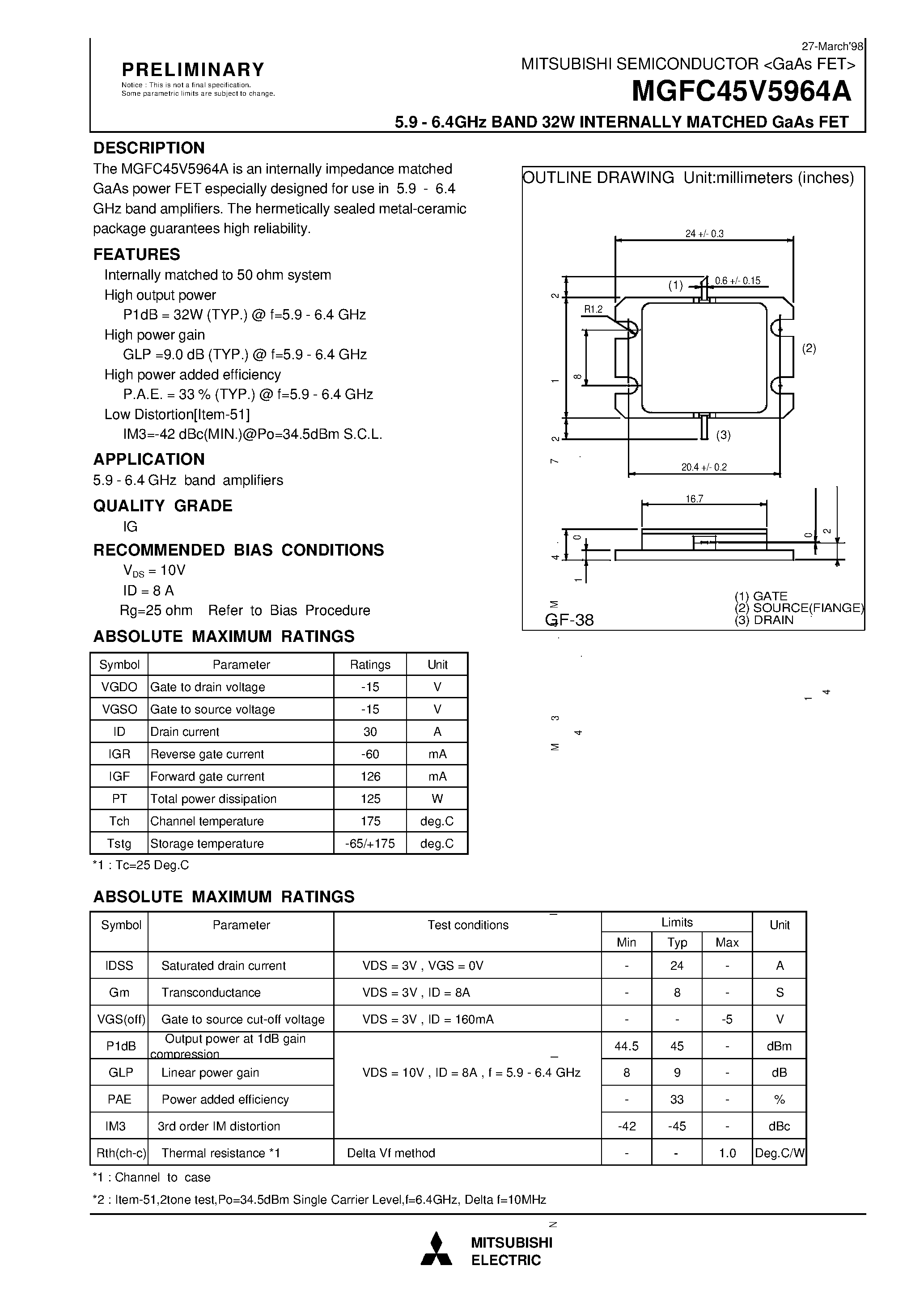 Даташит MGFC45V5964A - 5.9 - 6.4 GHz BAND 32W INTERNALLY MATCHED GaAs FET страница 1