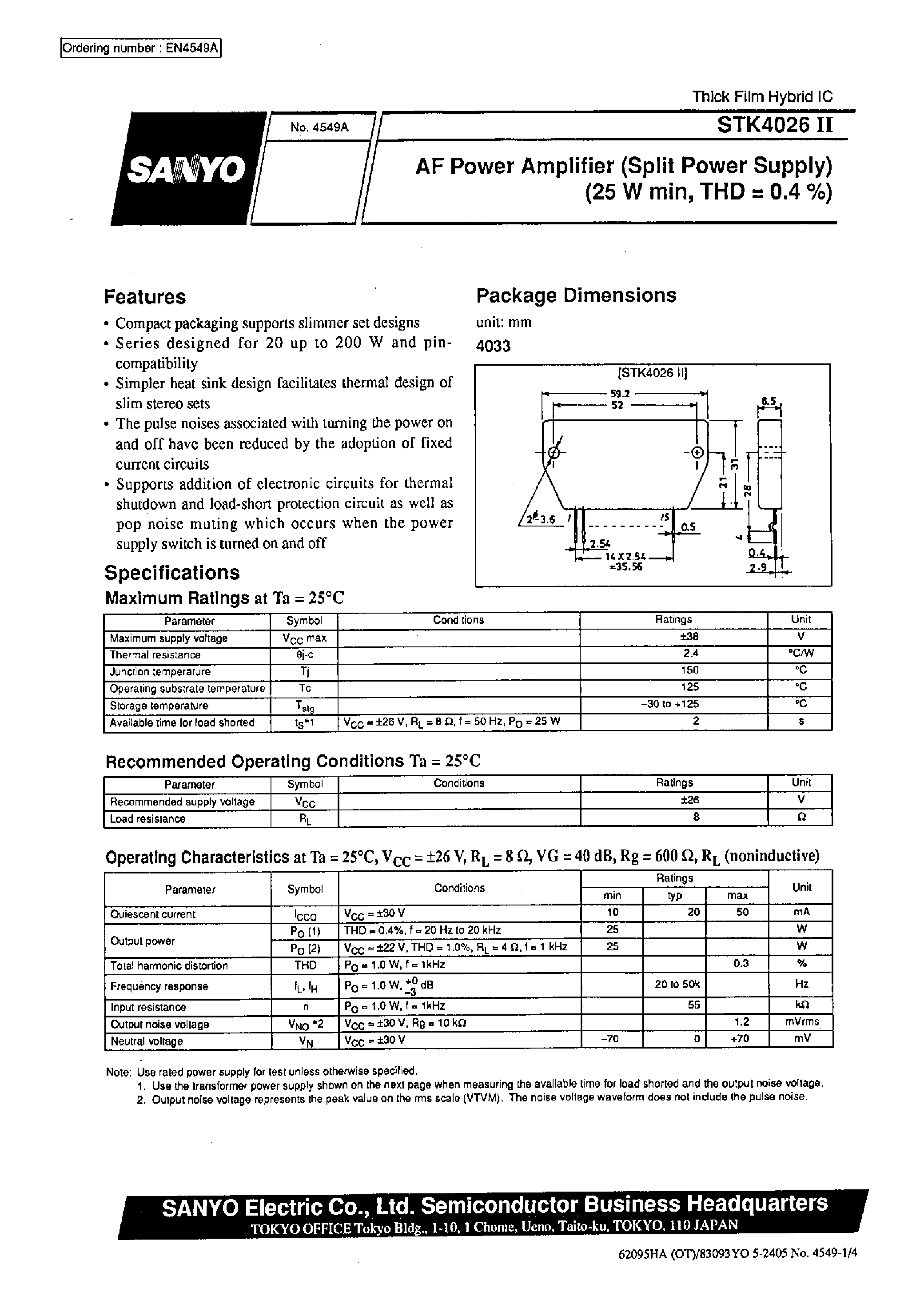 Datasheet STK4026 - AF Power Amplifier (Split Power Supply) (25 W min / THD = 0.4%) page 1