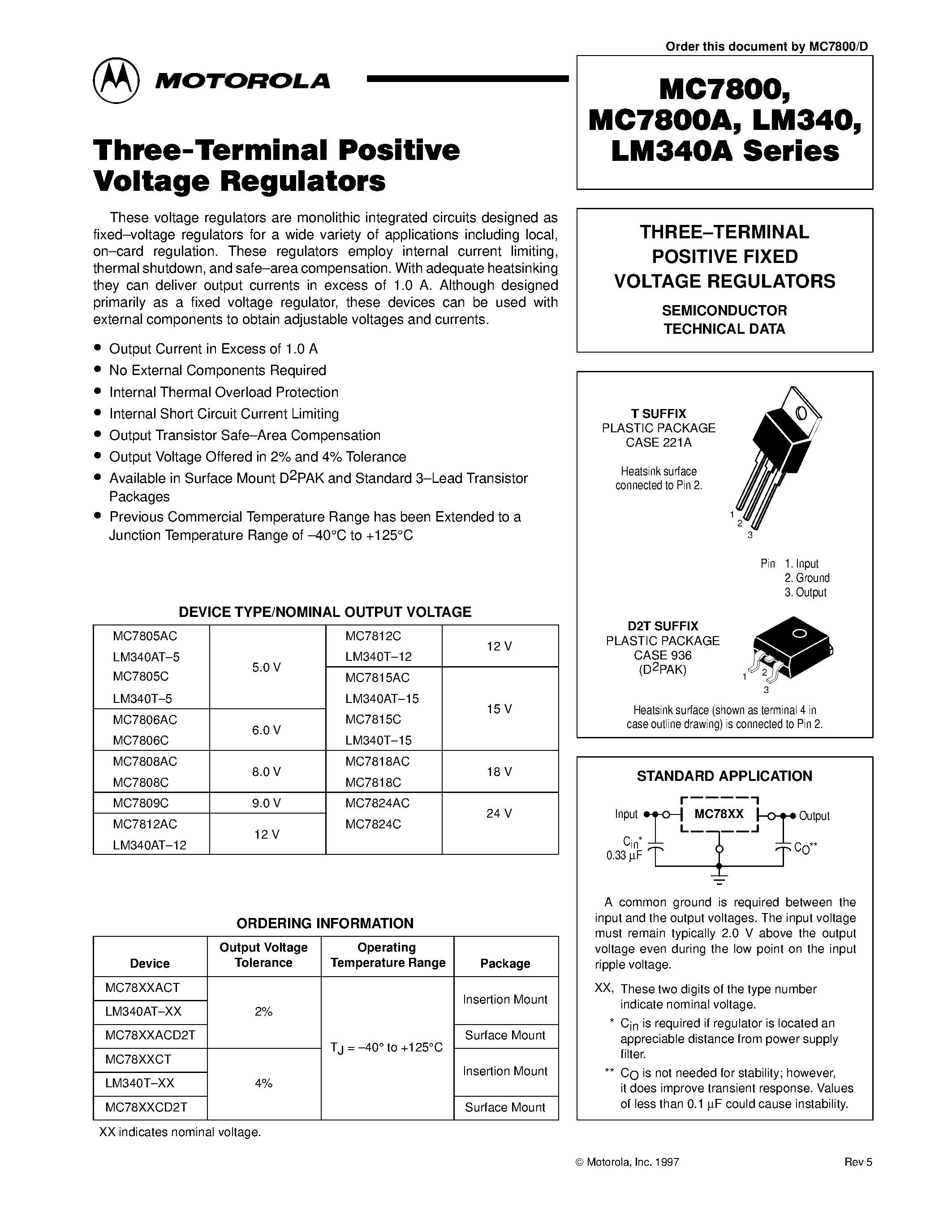 Datasheet MC7812AC - THREE TERMINAL POSITIVE FIXED VOLTAGE REGULATORS page 1