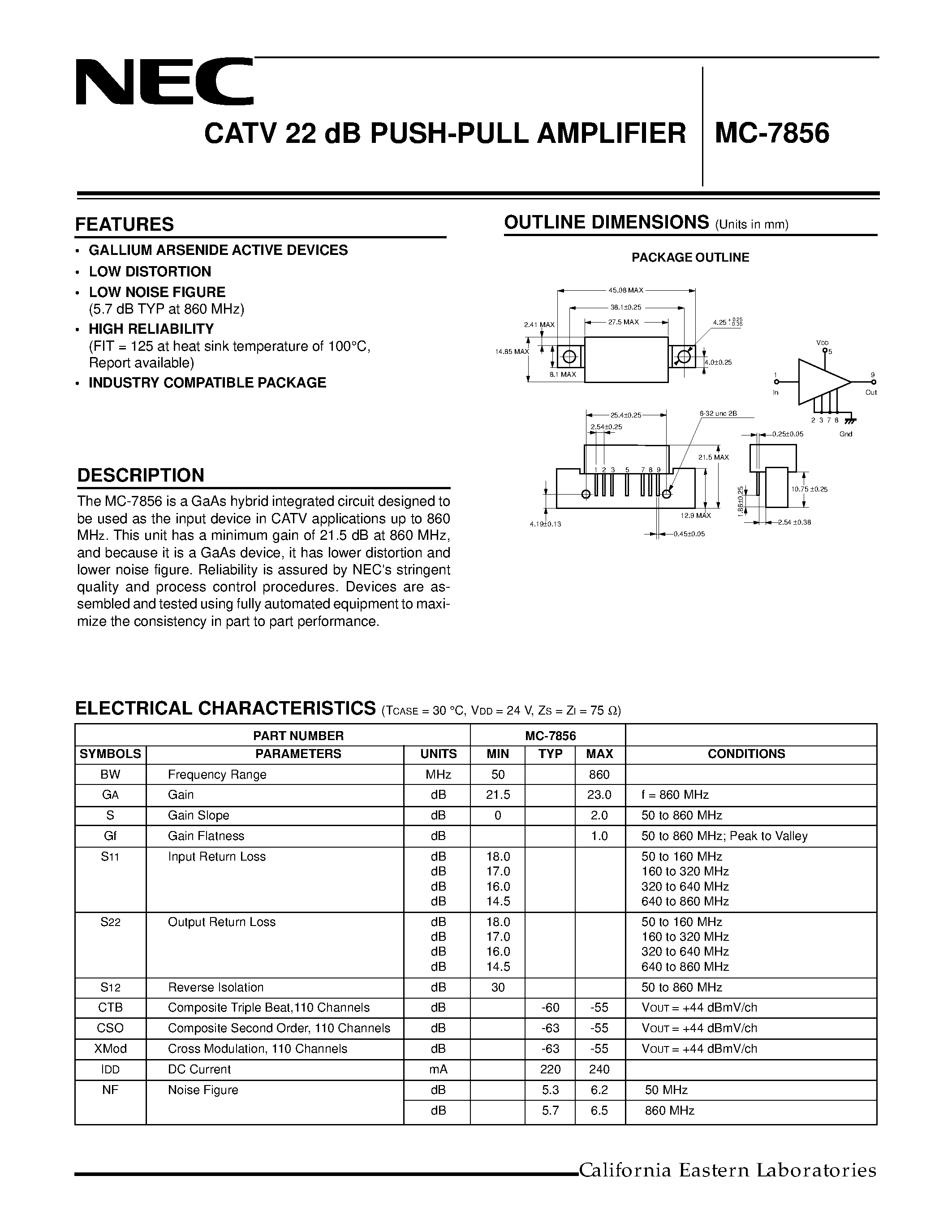 Datasheet MC7856 - CATV 22 dB PUSH-PULL AMPLIFIER page 1