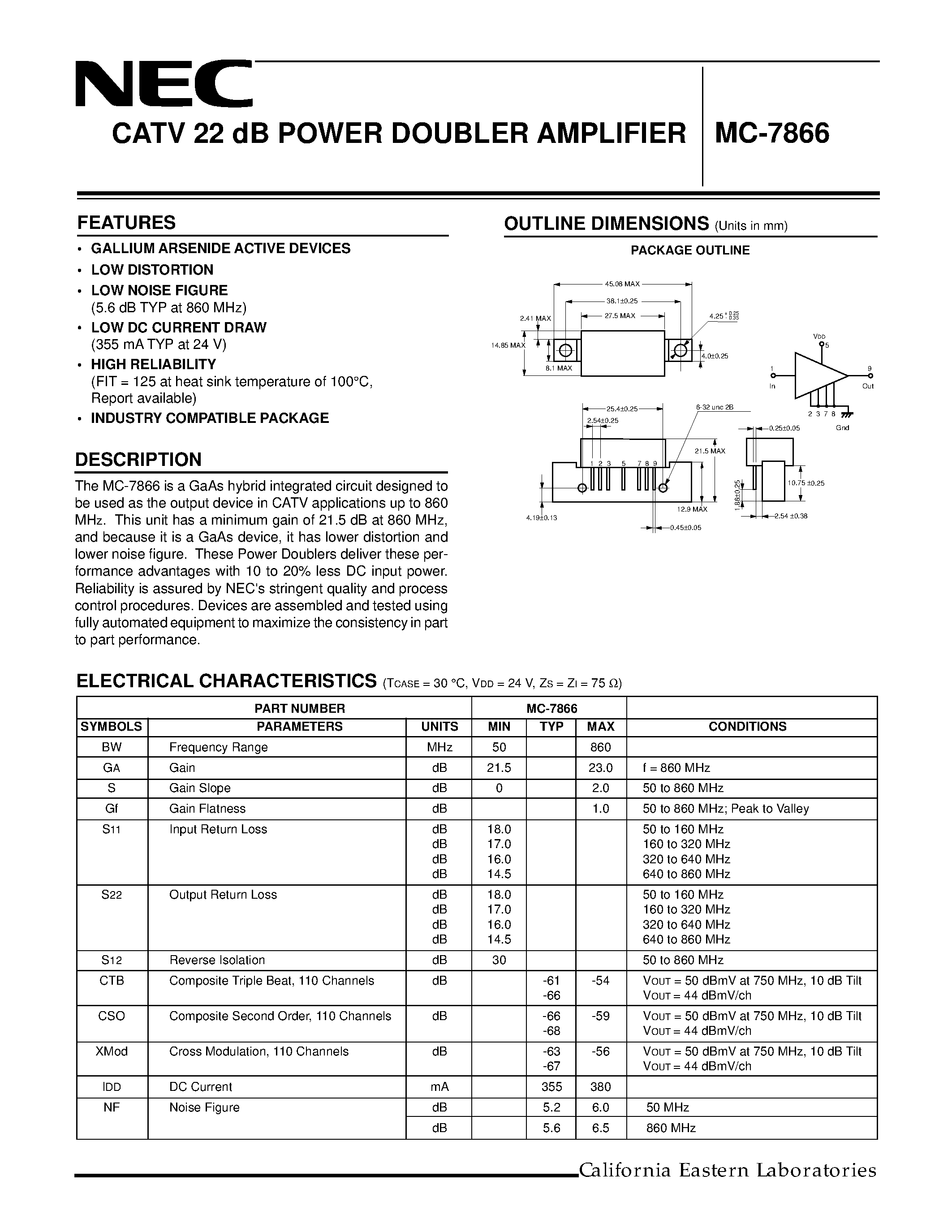 Datasheet MC7866 - CATV 22 dB POWER DOUBLER AMPLIFIER page 1