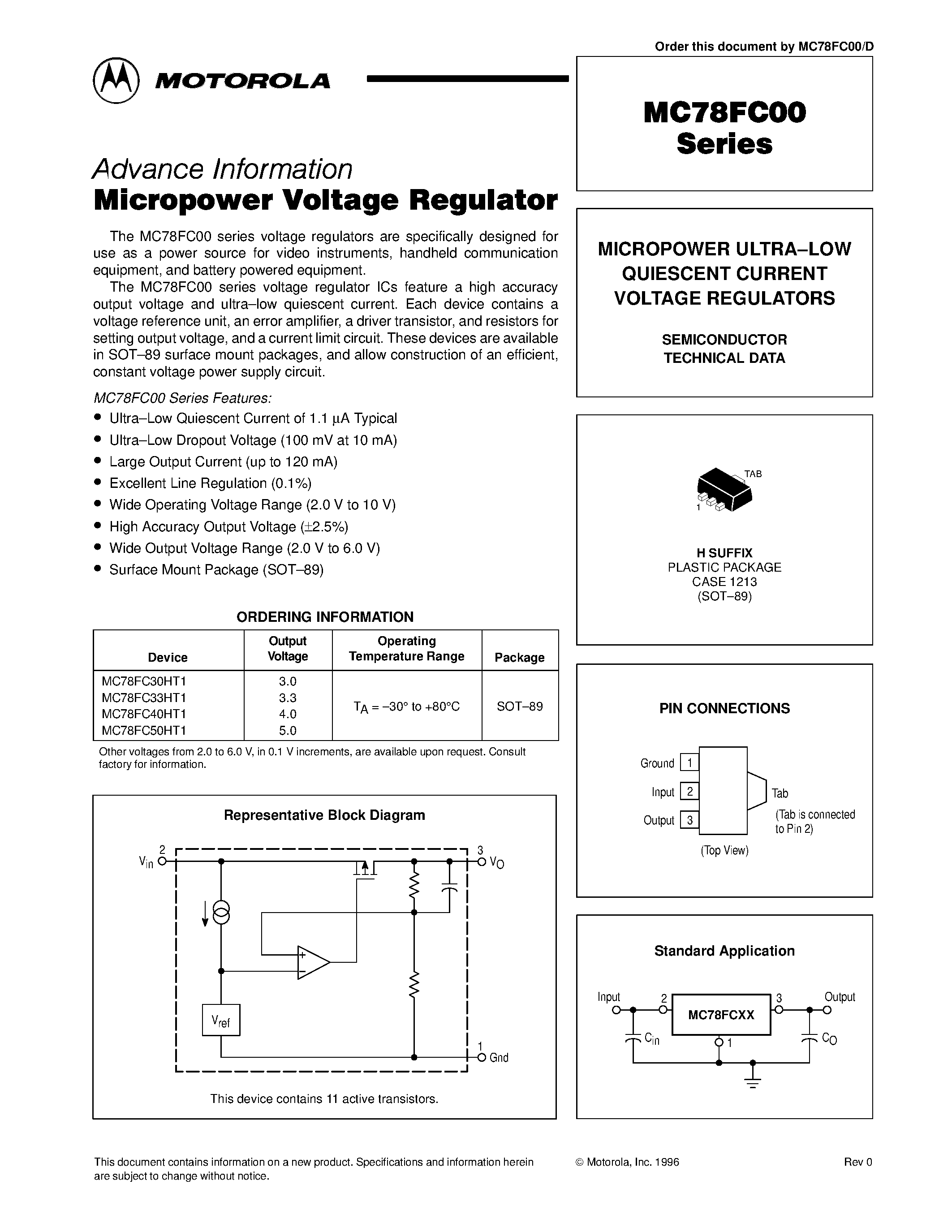 Datasheet MC78FC00 - MICROPOWER ULTRA.LOW QUIESCENT CURRENT VOLTAGE REGULATORS page 1