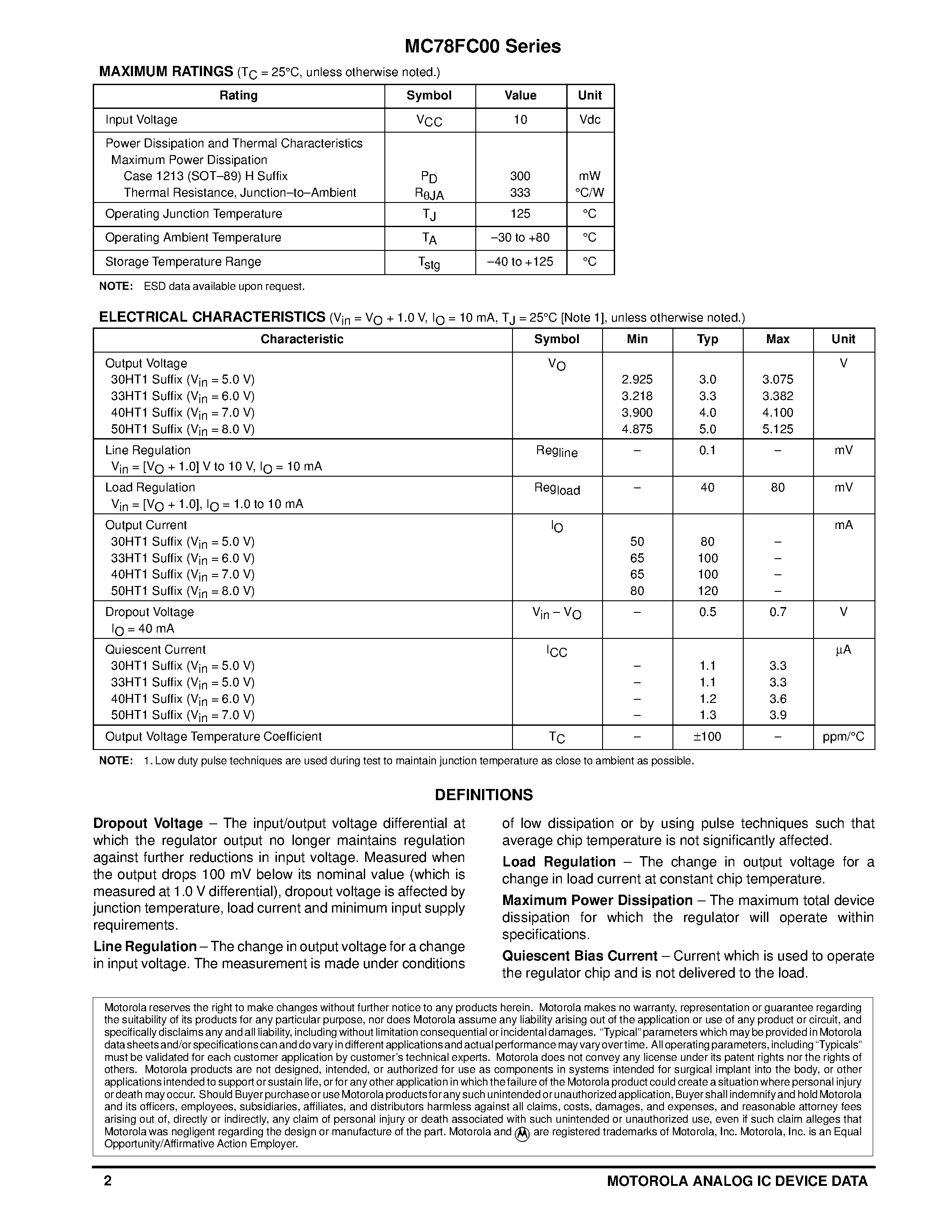 Datasheet MC78FC00 - MICROPOWER ULTRA.LOW QUIESCENT CURRENT VOLTAGE REGULATORS page 2