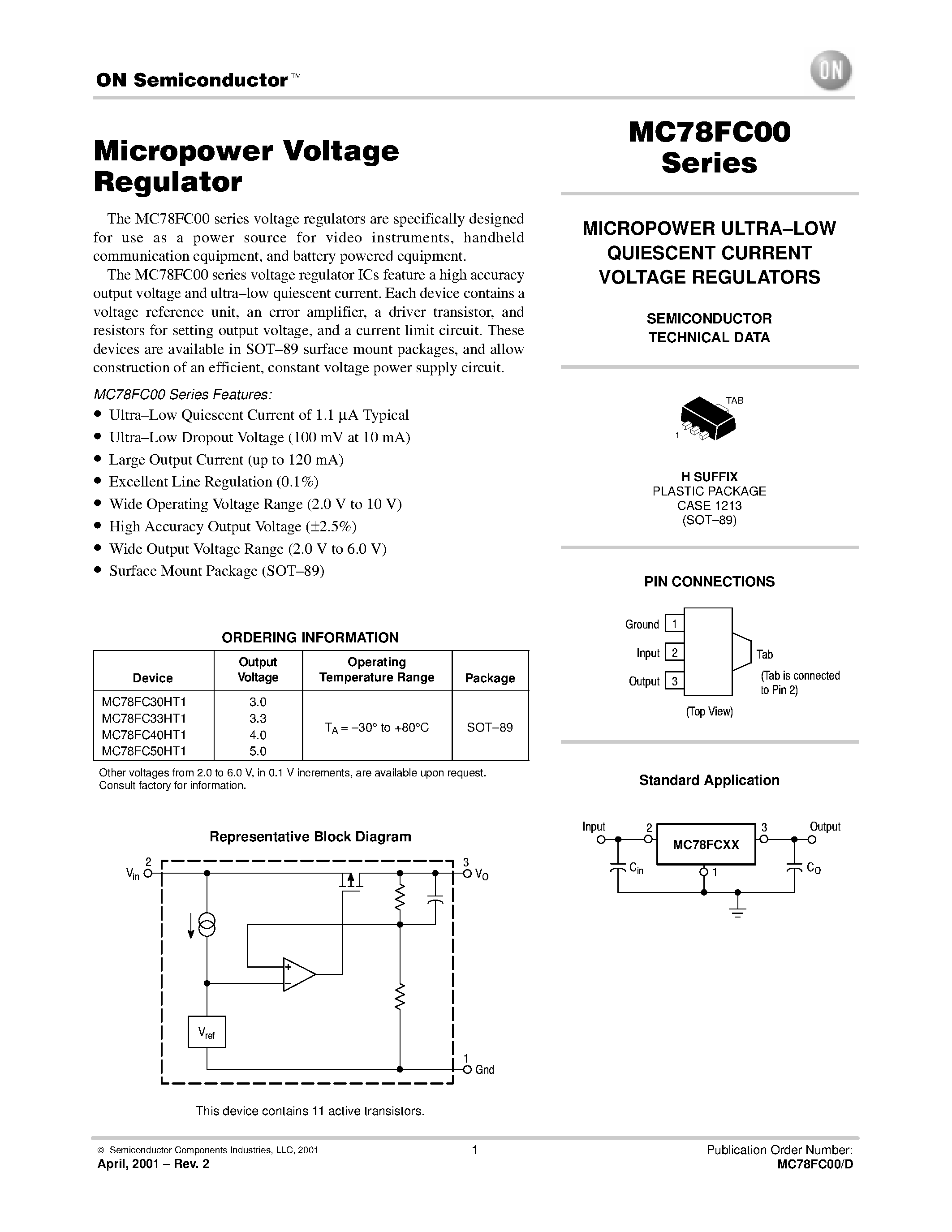 Datasheet MC78FC00 - MICROPOWER ULTRA.LOW QUIESCENT CURRENT VOLTAGE REGULATORS page 1