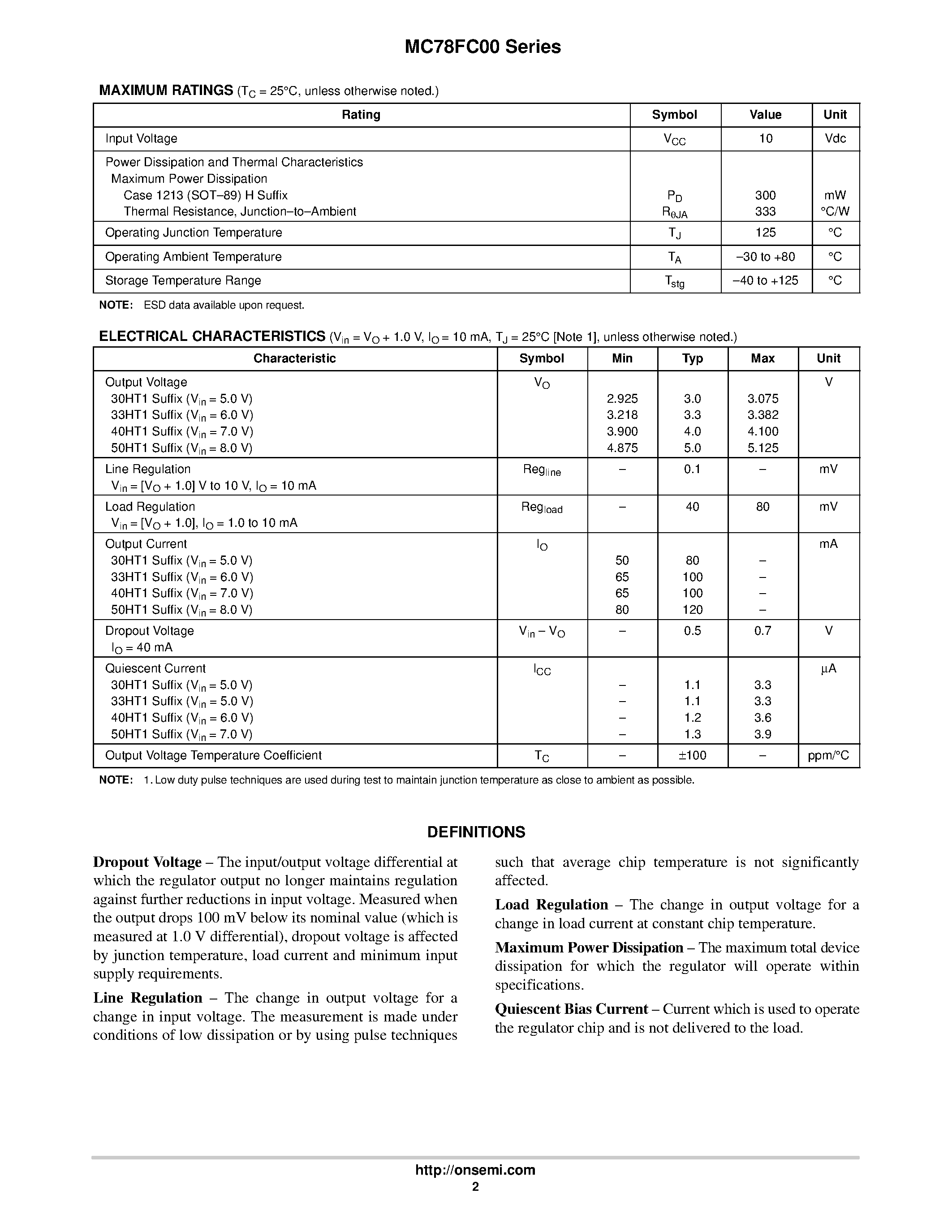 Datasheet MC78FC00 - MICROPOWER ULTRA.LOW QUIESCENT CURRENT VOLTAGE REGULATORS page 2