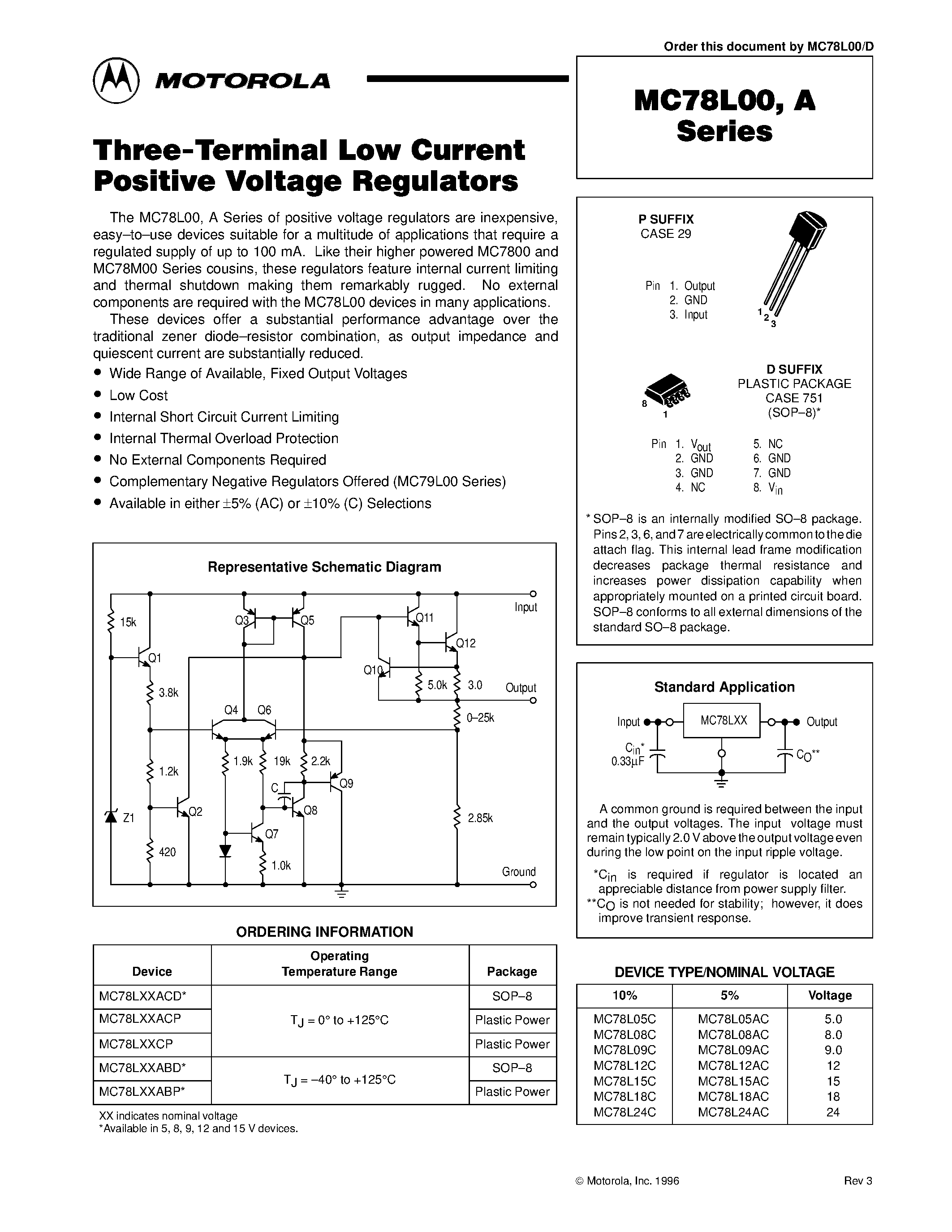 Datasheet MC78L00 - Three-Terminal Low Current Positive Voltage Regulators page 1