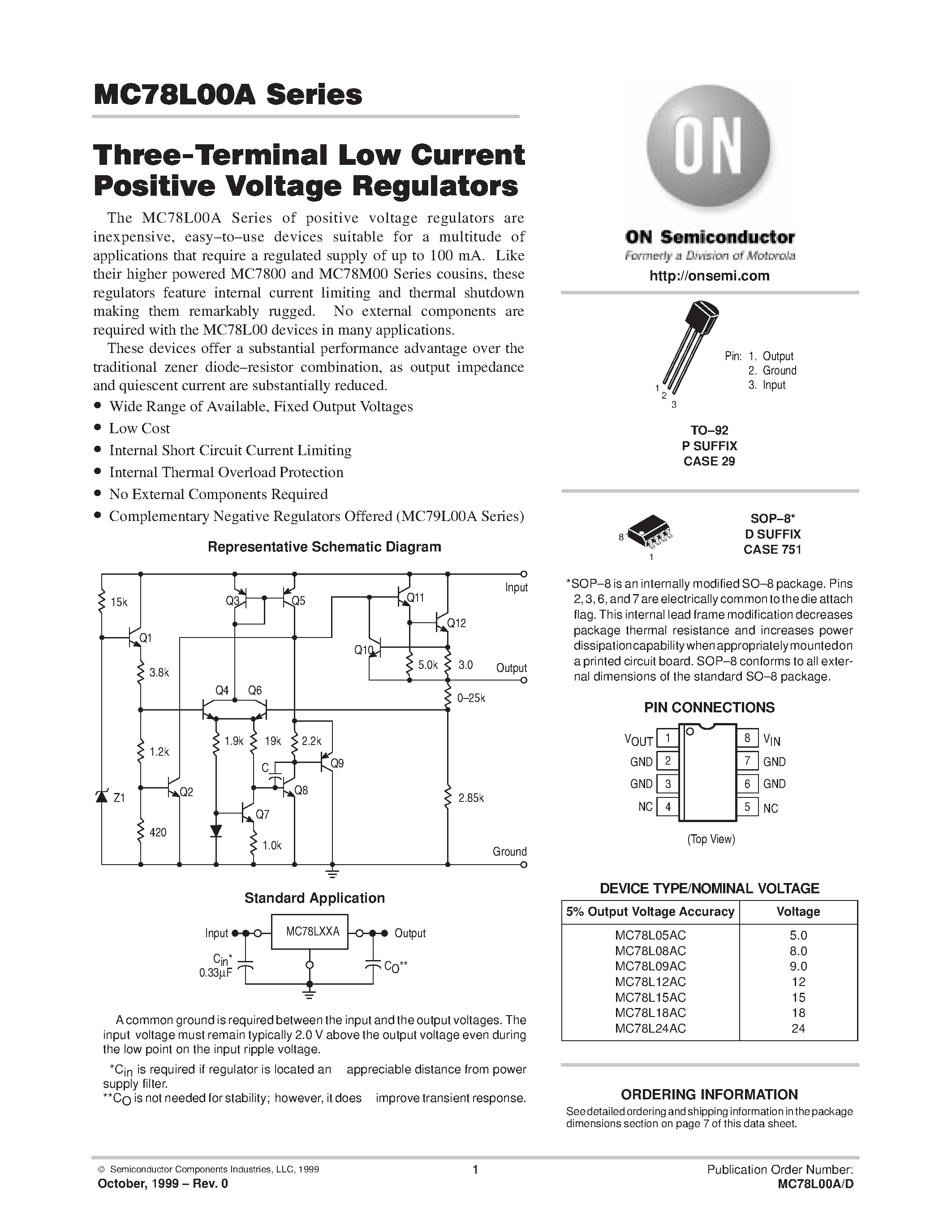 Datasheet MC78L00A - Three-Terminal Low Current Positive Voltage Regulators page 1