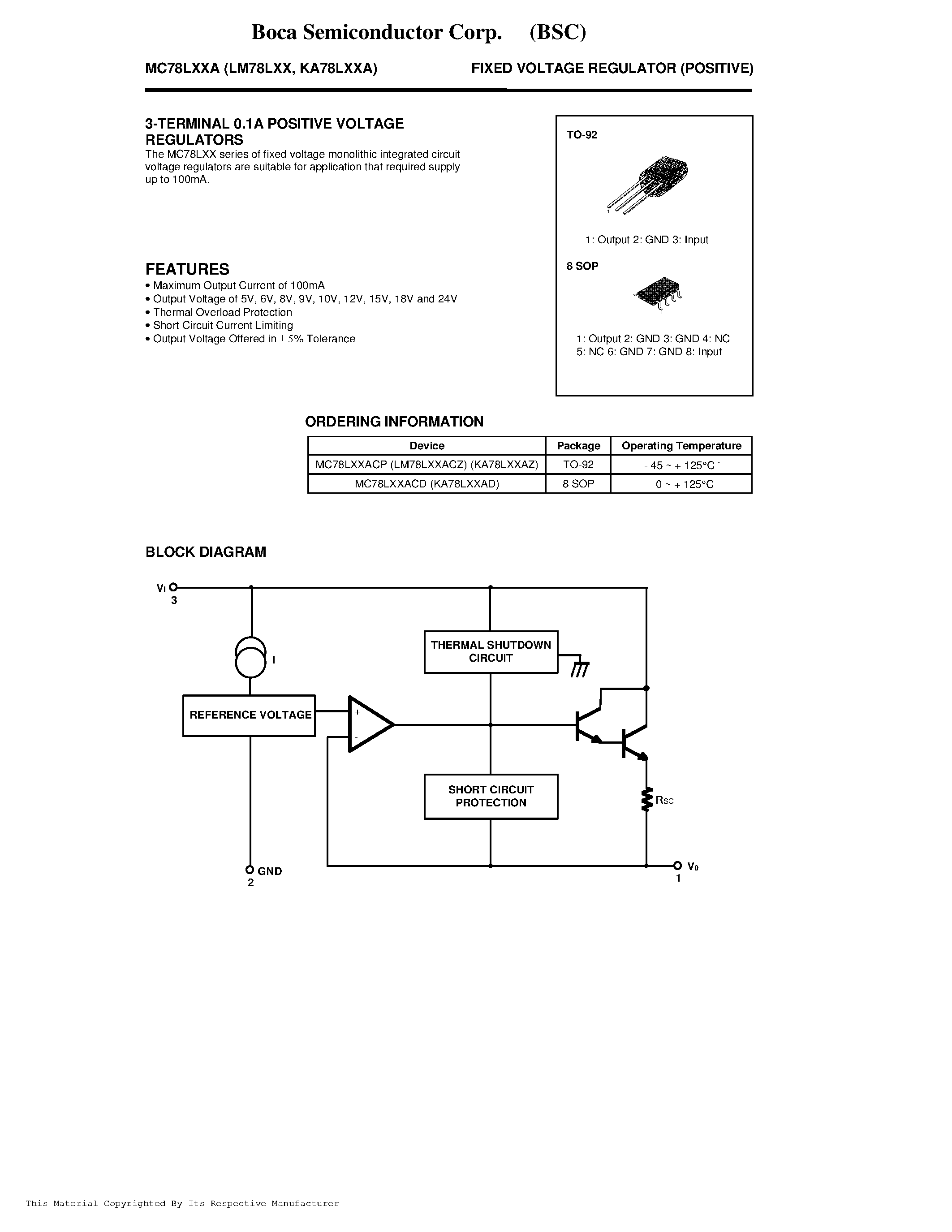 Datasheet MC78L05A - 3-TERMINAL 0.1A NEGATIVE VOLTAGE REGULATORS page 1