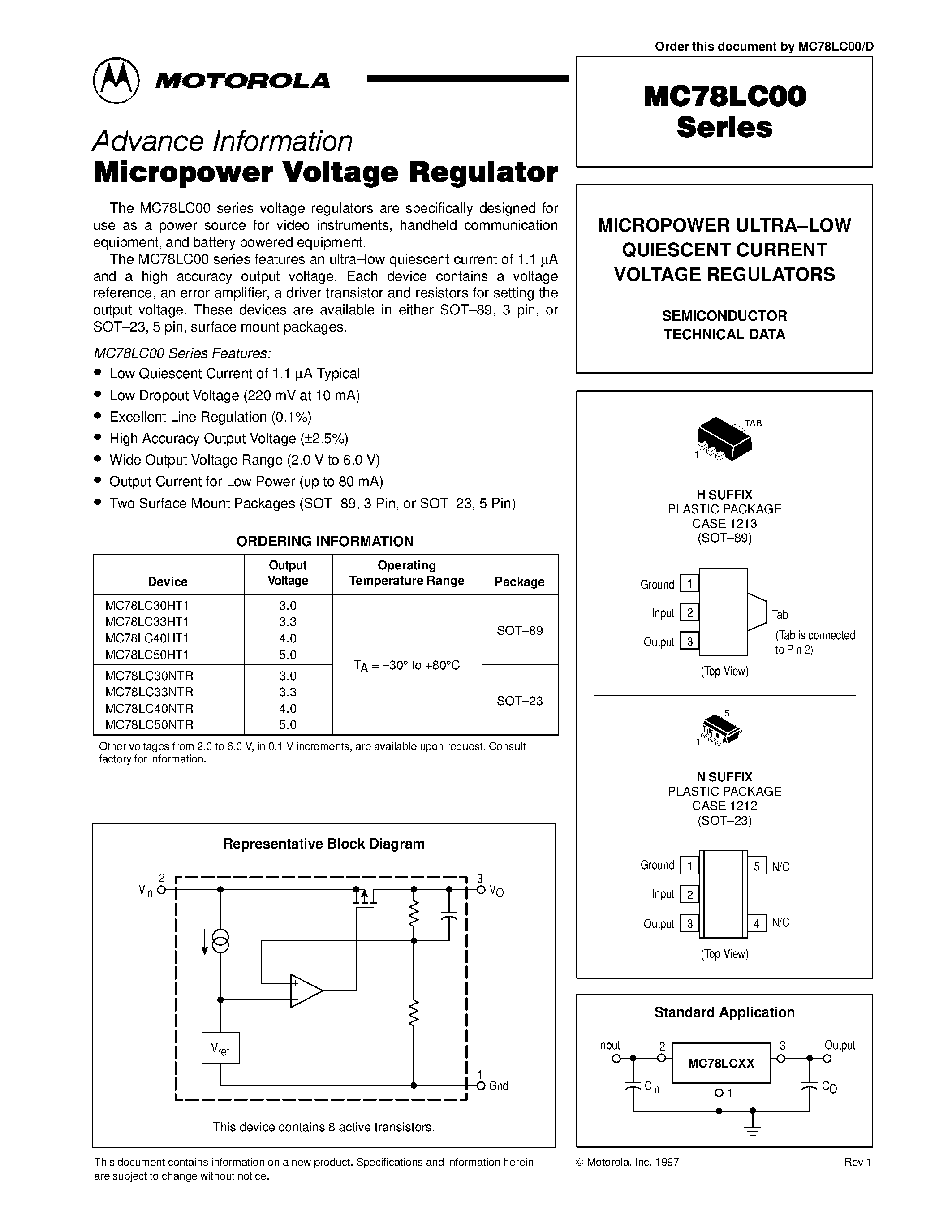 Datasheet MC78LC - MICROPOWER ULTRA-LOW QUIESCENT CURRENT VOLTAGE REGULATORS page 1