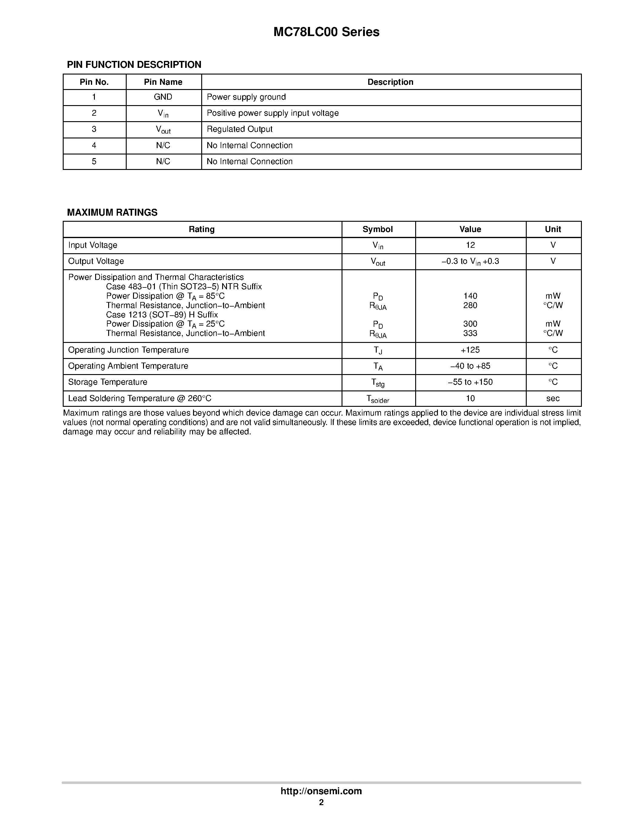 Datasheet MC78LC00 - MICROPOWER ULTRA-LOW QUIESCENT CURRENT VOLTAGE REGULATORS page 2