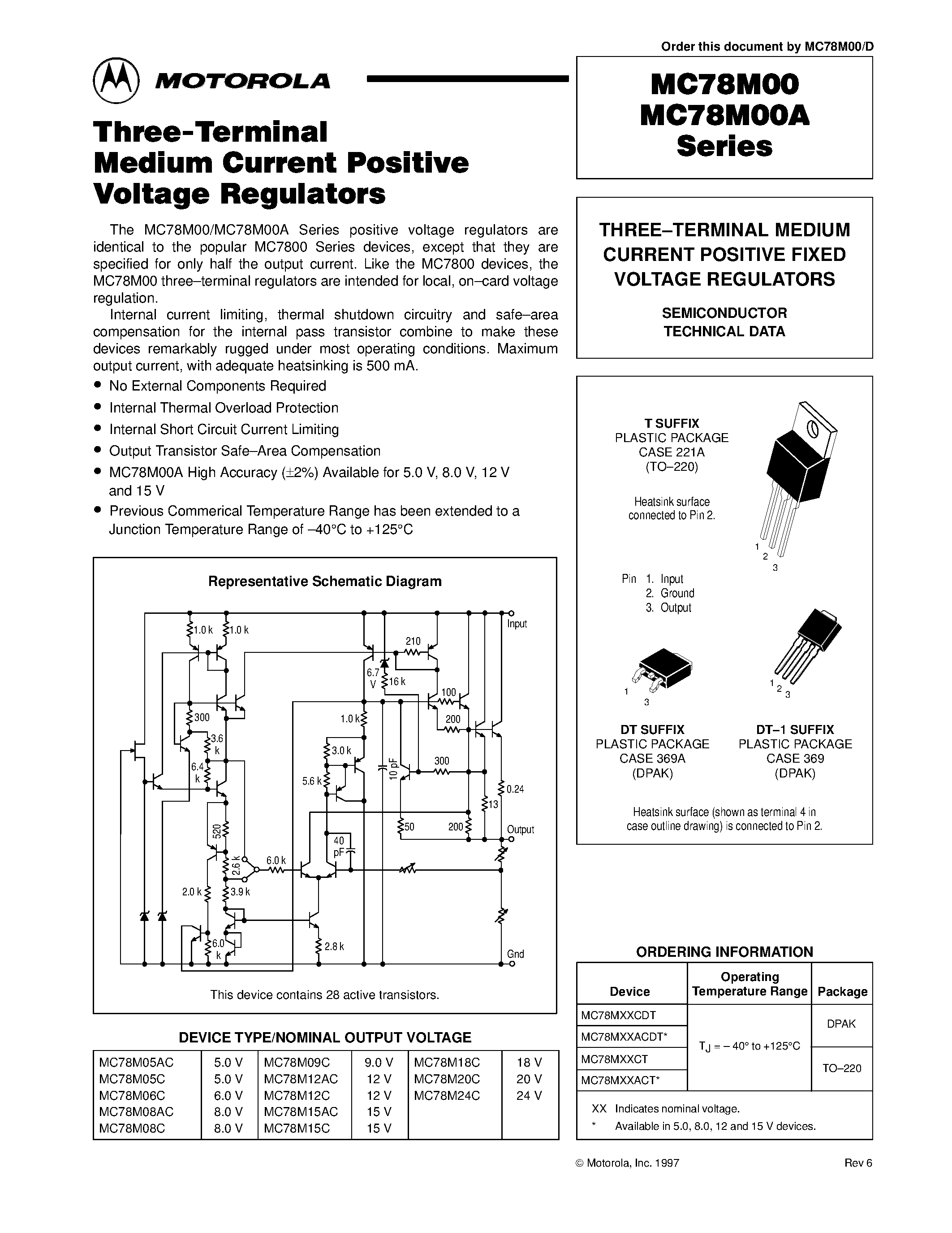 Даташит MC78M12CT - THREE-TERMINAL MEDIUM CURRENT POSITIVE FIXED VOLTAGE REGULATORS страница 1