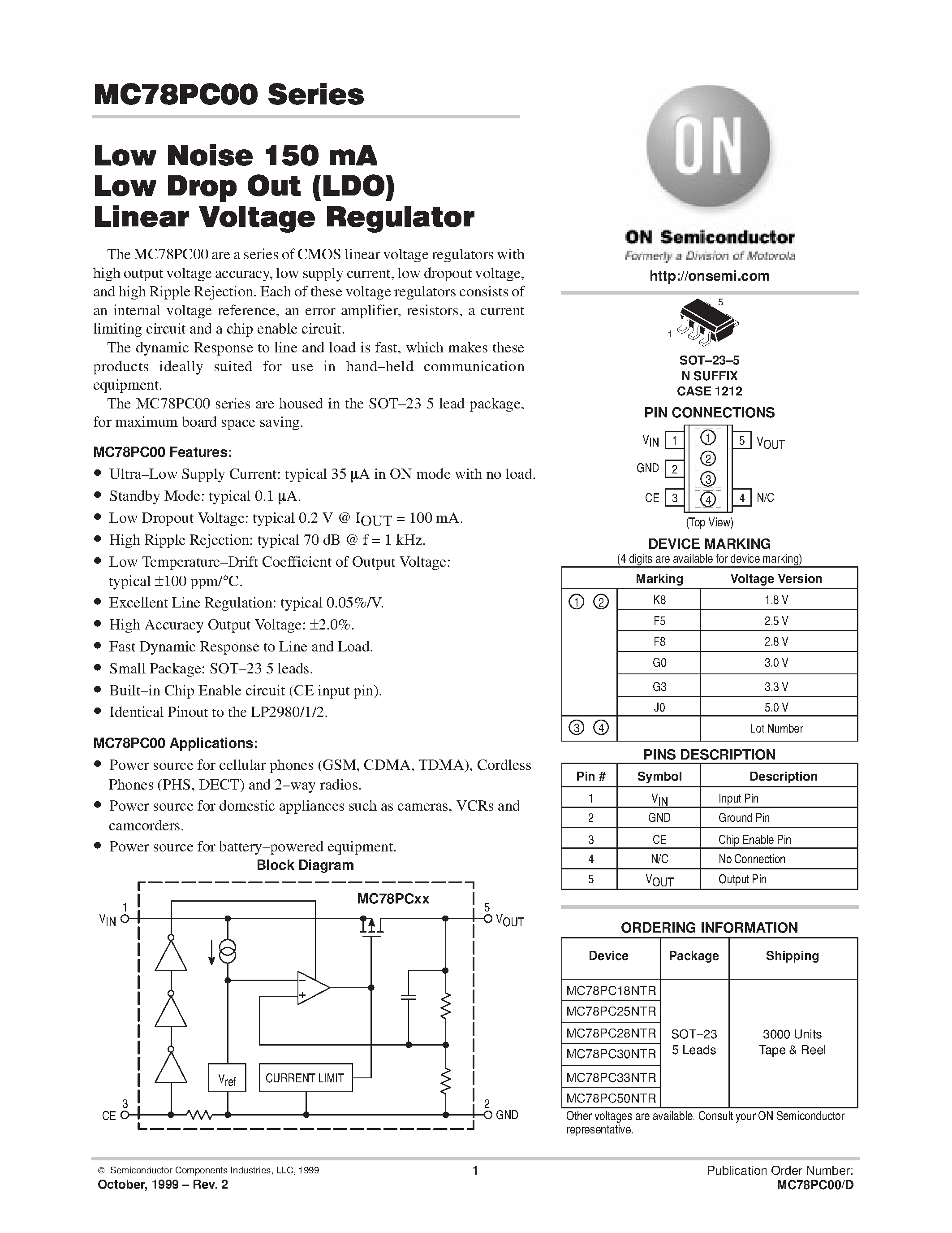 Datasheet MC78PC00 - Low Noise 150 mA Low Drop Out(LDO) Linear Voltage Regulator page 1