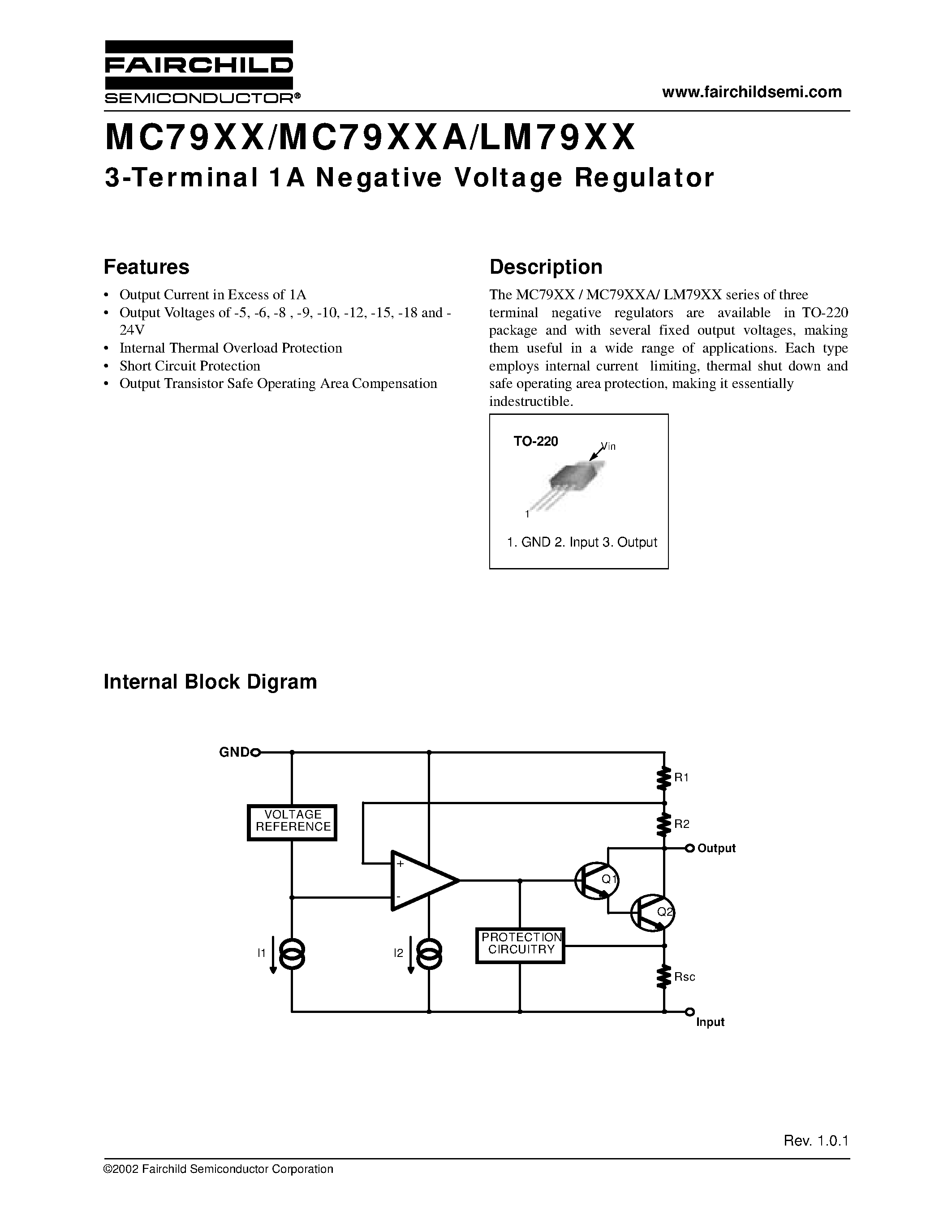 Datasheet MC7912 - 3-Terminal 1A Negative Voltage Regulator page 1