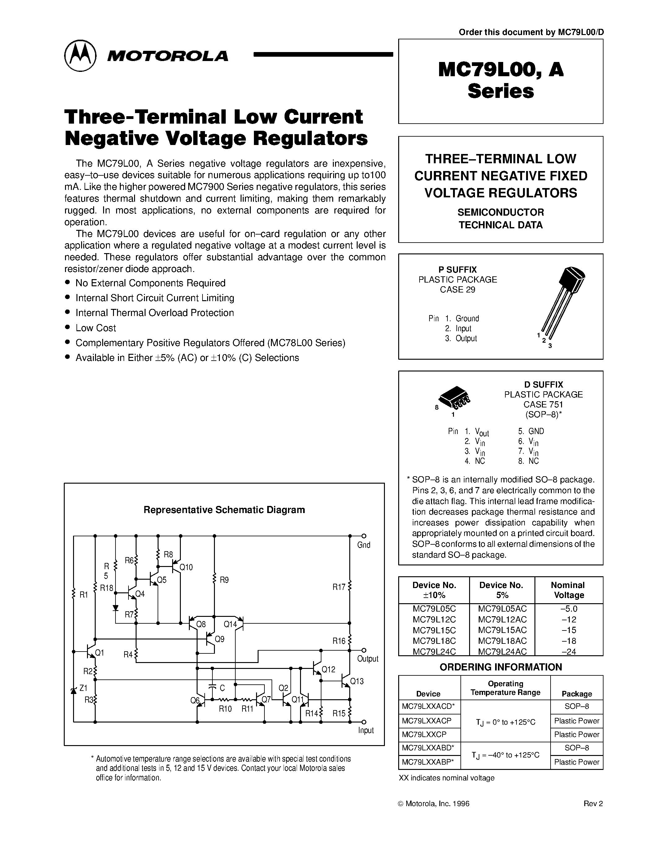 Datasheet MC79L00 - THREE-TERMINAL LOW CURRENT NEGATIVE FIXED VOLTAGE REGULATORS page 1