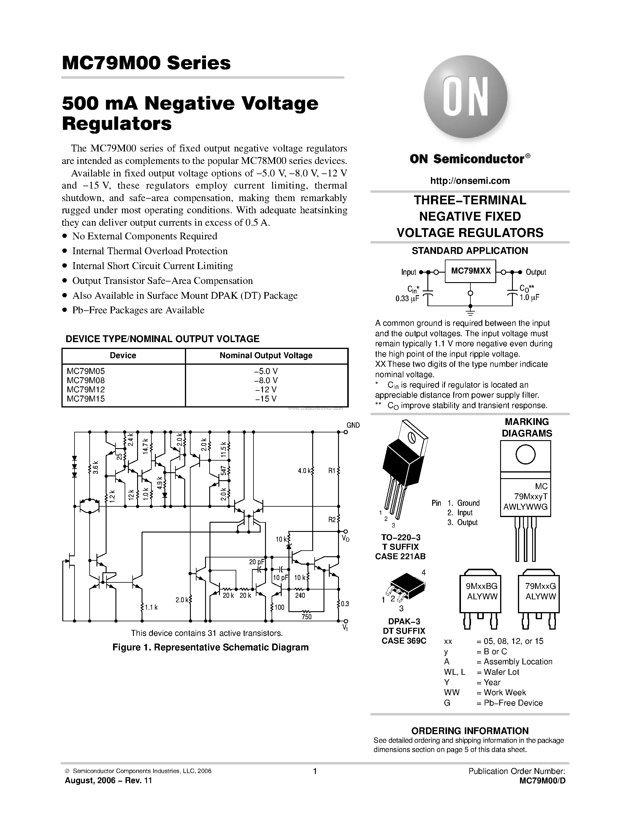 Datasheet MC79M00 - THREE-TERMINAL NEGATIVE FIXED VOLTAGE REGULATORS page 1