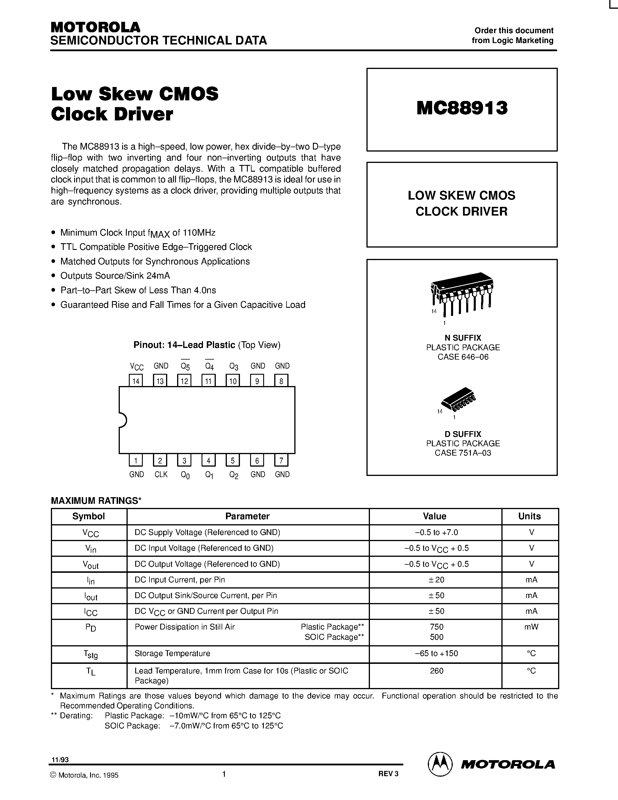 Даташит MC88913 - LOW SKEW CMOS CLOCK DRIVER страница 1