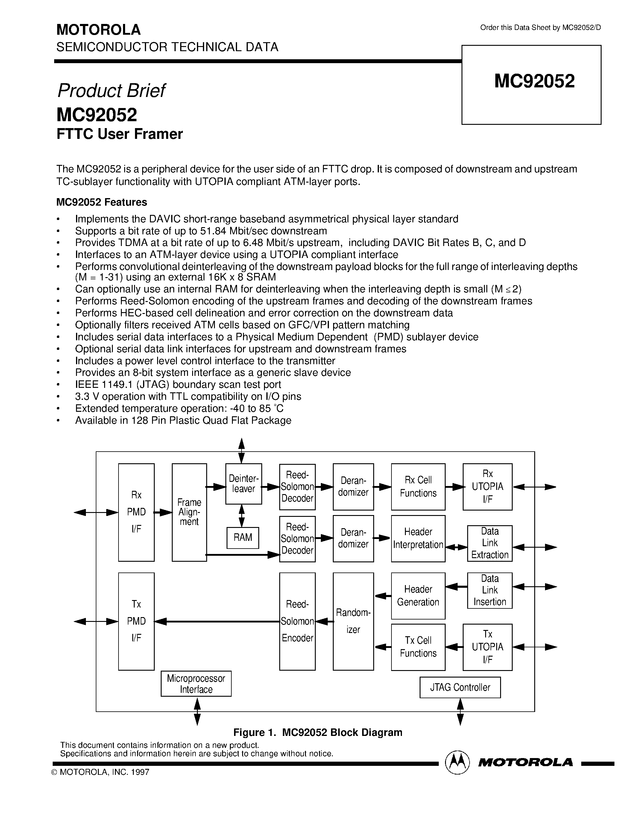 Даташит MC92052 - FTTC User Framer страница 1