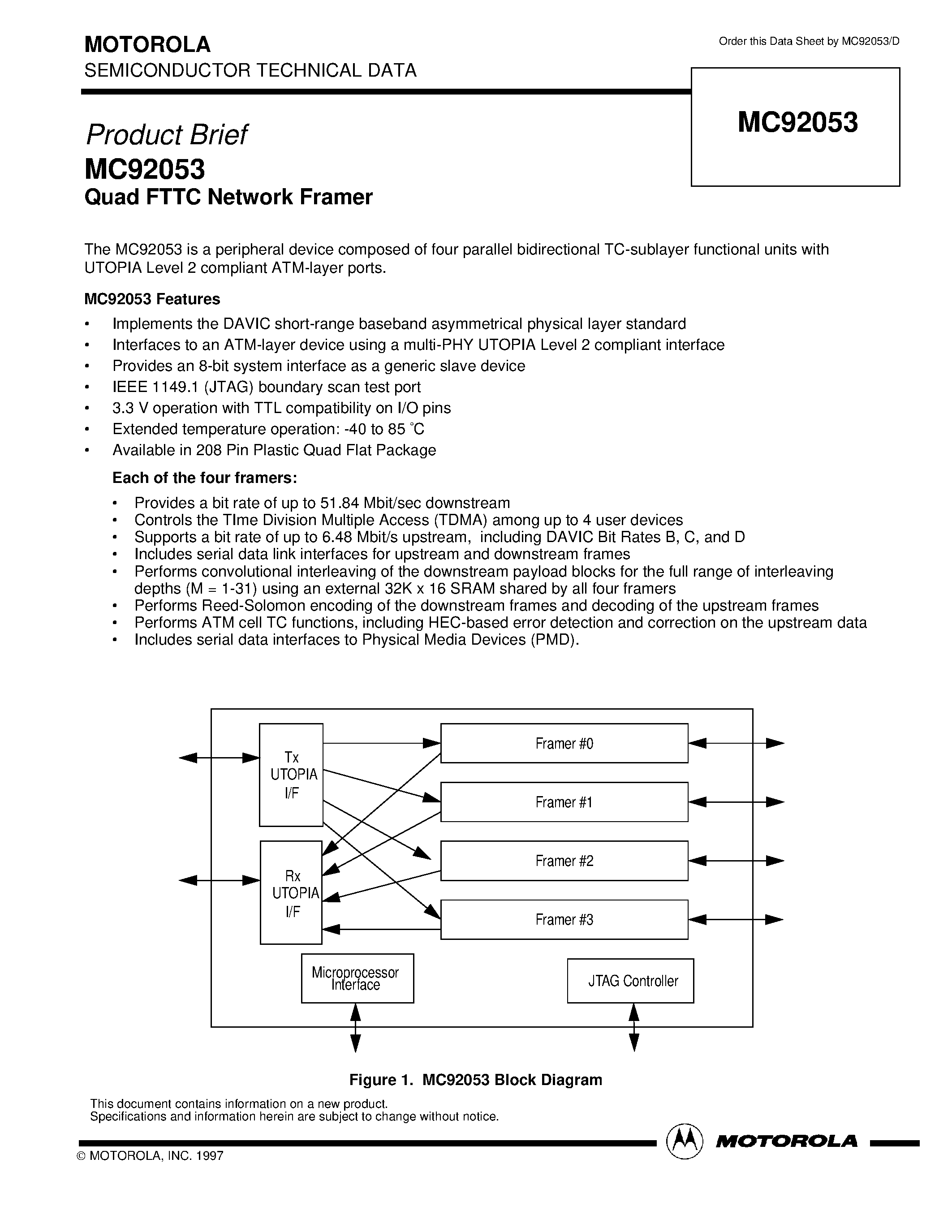 Даташит MC92053 - Quad FTTC Network Framer страница 1